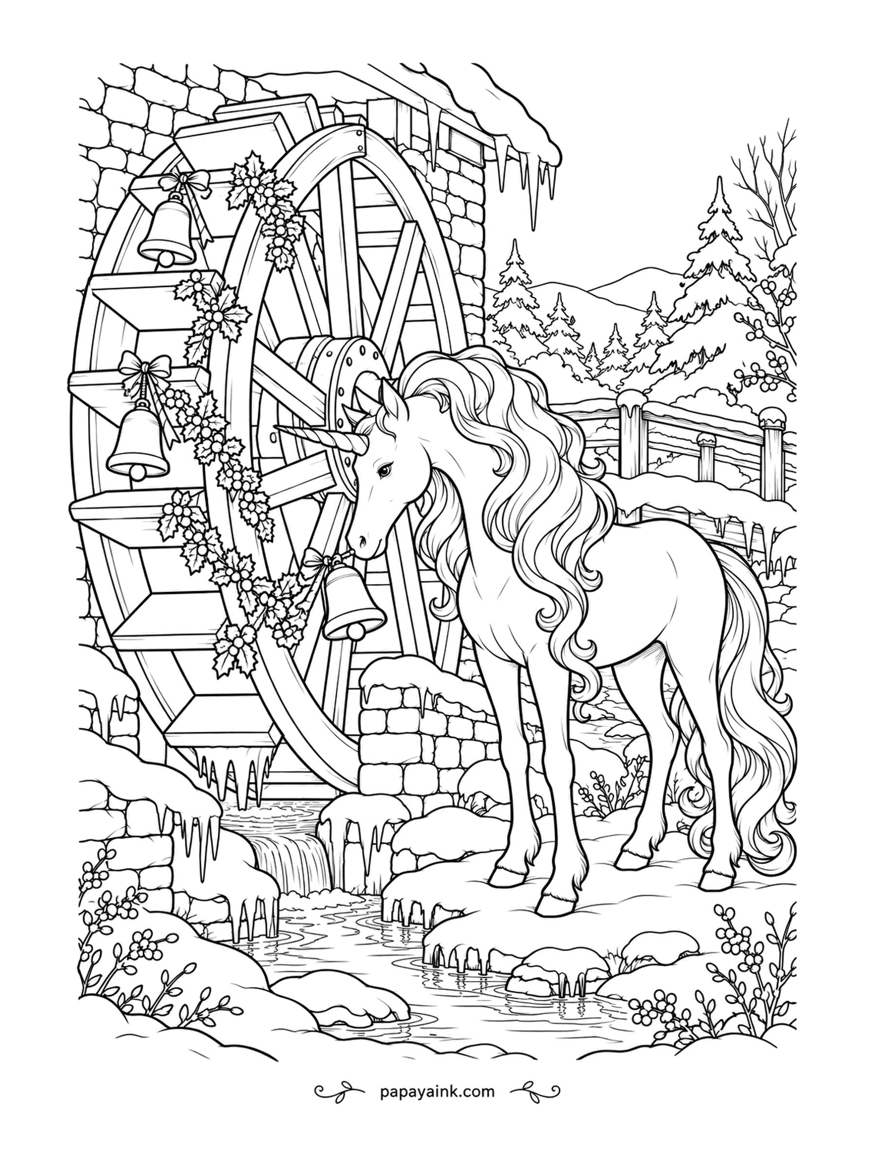Christmas Unicorn Coloring Pages - Icicles hang from the paddles, so the mill wheel is resting for the season, dressed in holly garland. The long-maned unicorn stands by the half-frozen stream to admire it. Timber, ice and trickling water to fill.