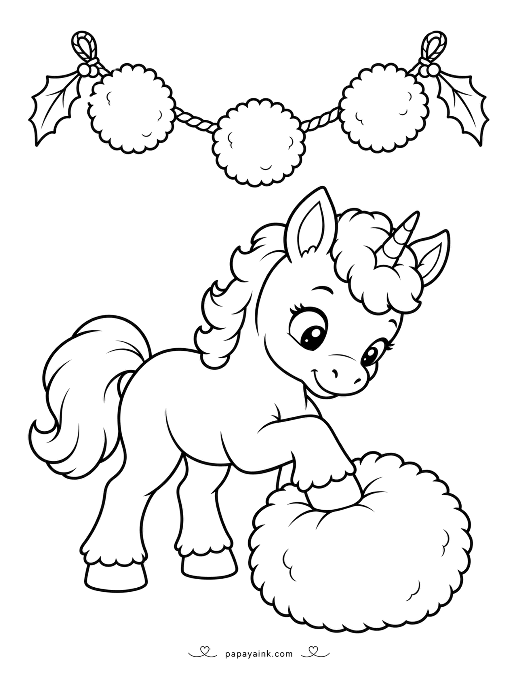Christmas Unicorn Coloring Pages - Pillow or snowball? The foal is testing the giant pompom with one front leg to find out, while more pompoms hang from the garland above. Very few lines here - a first page for small colorers.