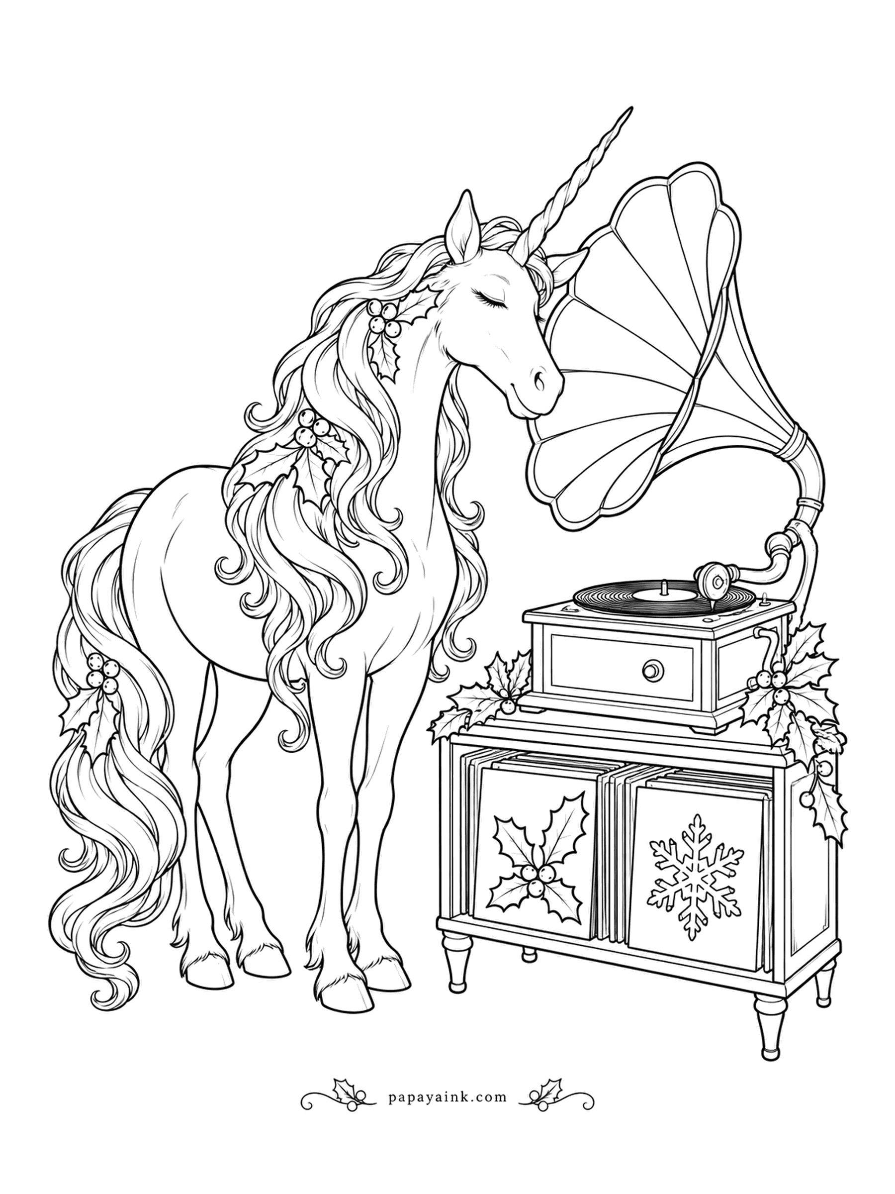 Christmas Unicorn Coloring Pages - Eyes closed, horn tipped toward the brass bell of the gramophone, the unicorn is listening to the carol the old way. Holly is woven through her mane and tail. Gold for the horn of the machine, deep green for the leaves.