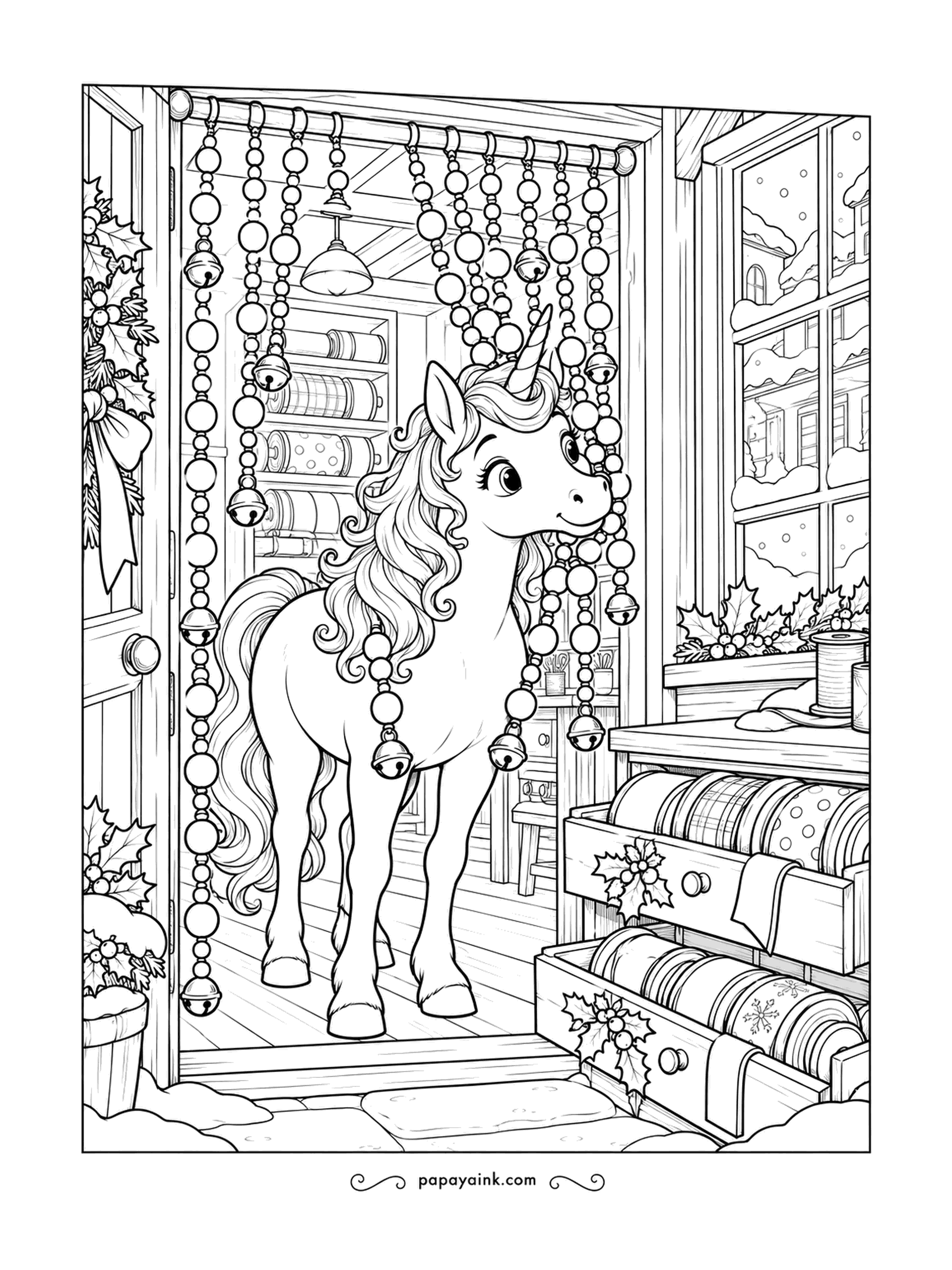 Christmas Unicorn Coloring Pages - The bead curtain at the haberdashery door is strung with bells, so a quiet entrance is impossible. Drawers of ribbon spools wait inside. Detailed - beads, spools and a frosted shop window.