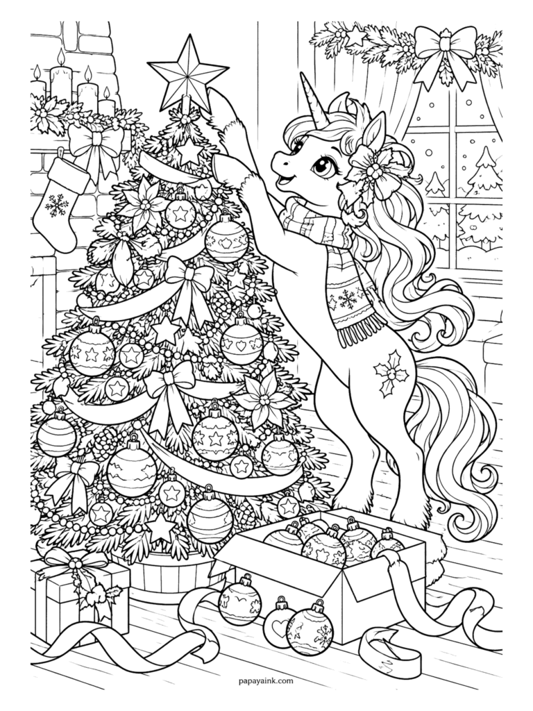 Christmas Unicorn Coloring Pages - Unicorn on her hind legs hanging ornaments on a tall Christmas tree by the fireplace, with a box of baubles and ribbon on the floor. Detailed.