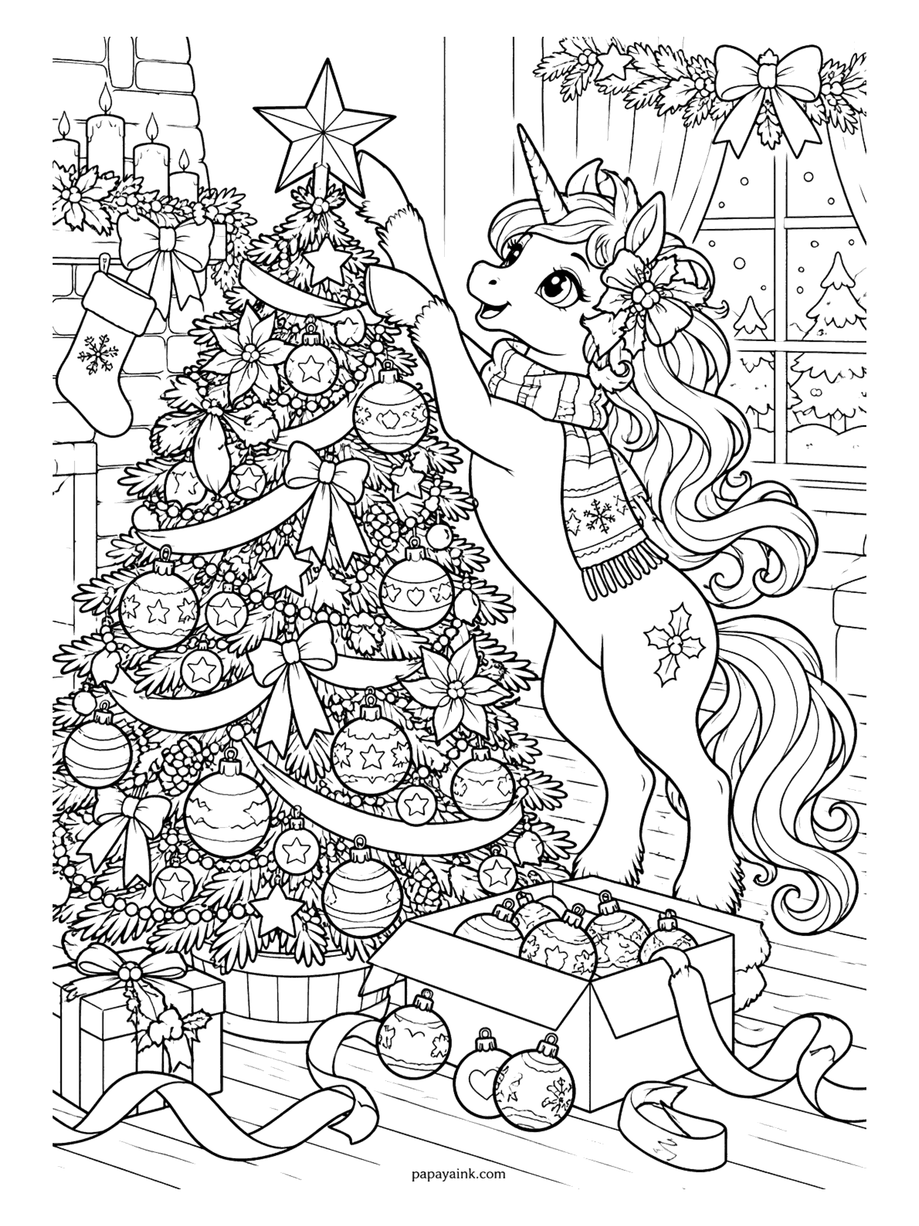 Christmas Unicorn Coloring Pages - Unicorn on her hind legs hanging ornaments on a tall Christmas tree by the fireplace, with a box of baubles and ribbon on the floor. Detailed.