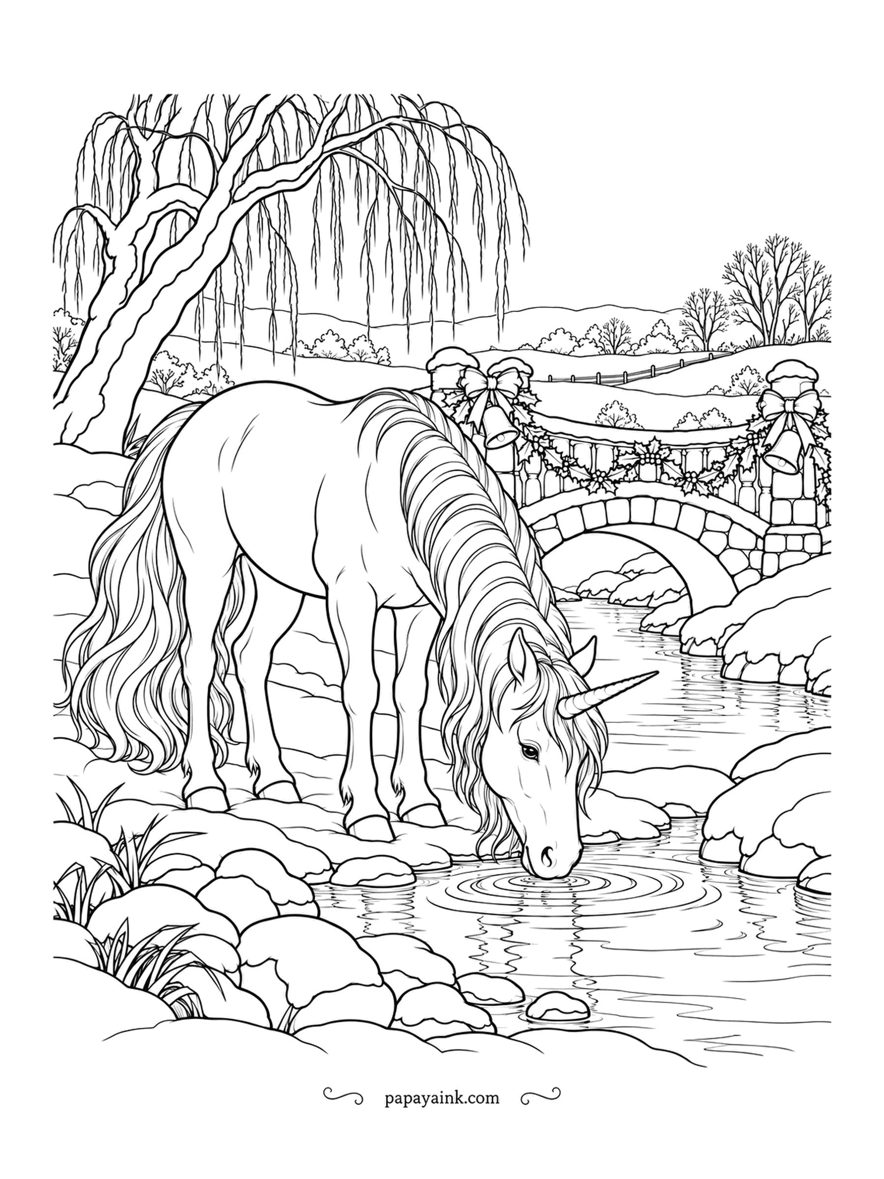 Christmas Unicorn Coloring Pages - A quiet drink at the spring under the willow, with a stone bridge dressed in garland just upstream. Ripples spread from her muzzle across the water. Soft blue-grey for the stream, warm cream for the coat.