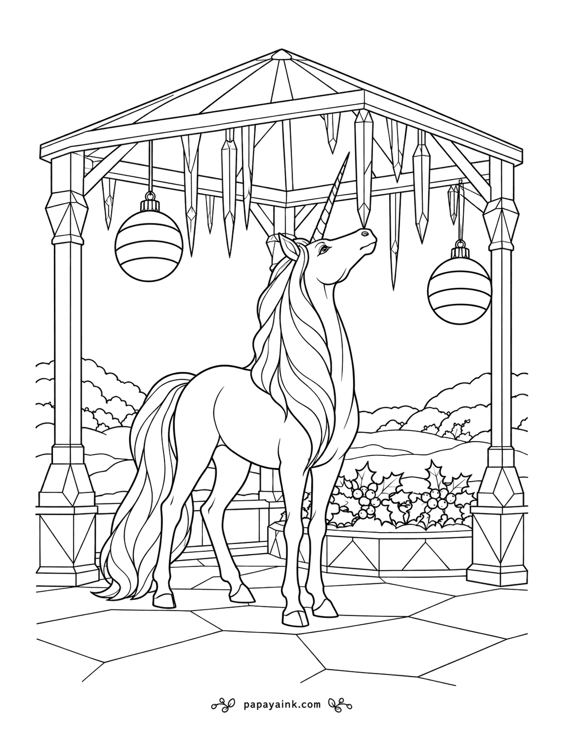 Christmas Unicorn Coloring Pages - Crystal-sharp icicles dangle from the pavilion roof beside two striped baubles, and the unicorn looks up at the light they catch. Geometric lines throughout - try pale lilac and icy blue.