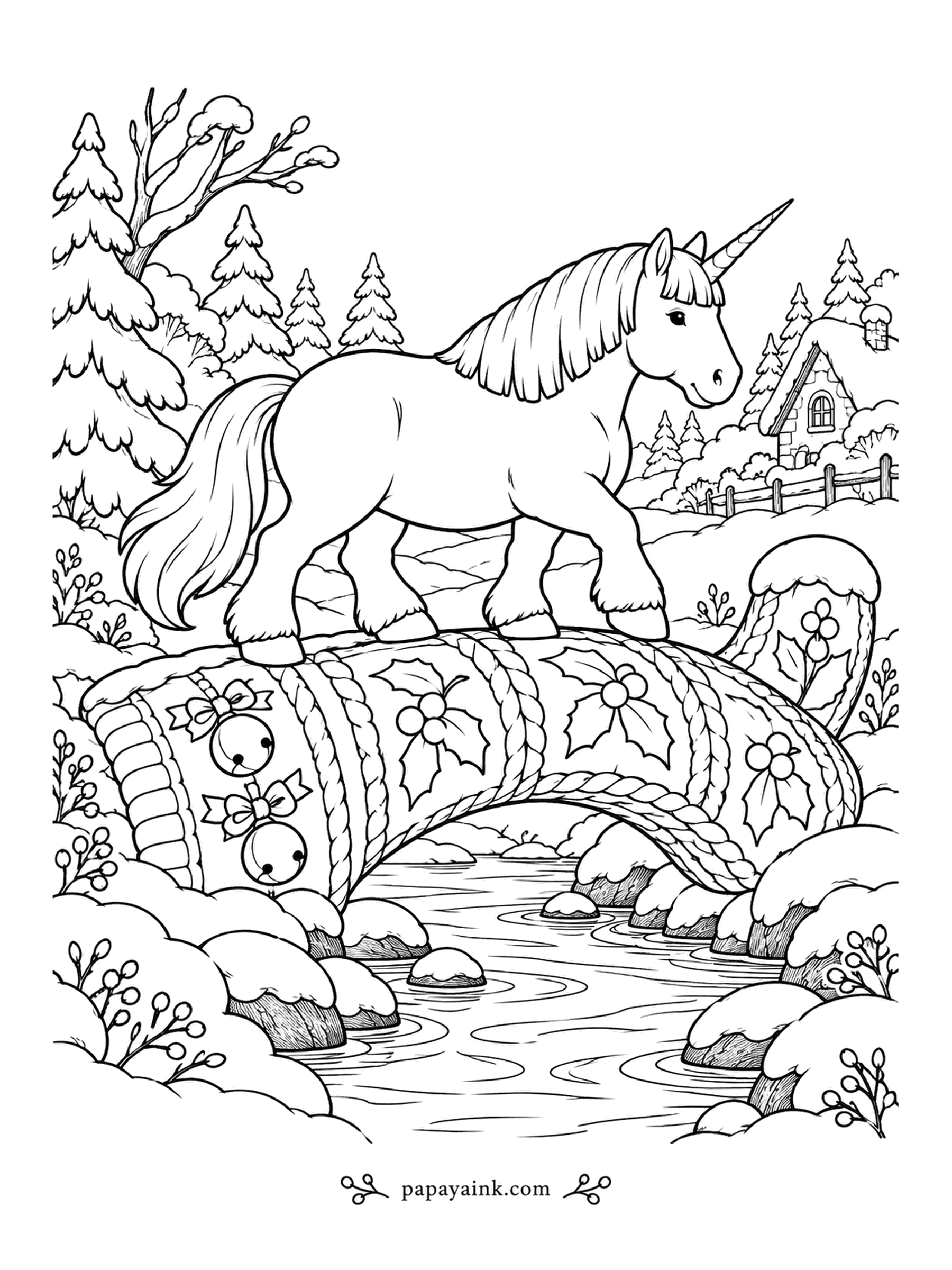 Christmas Unicorn Coloring Pages - The bridge over the stream looks like it was knitted - cable stitches along the sides, holly in the pattern, and bows tied on at the bank. The unicorn crosses with full confidence. Cream yarn, red berries, grey water.