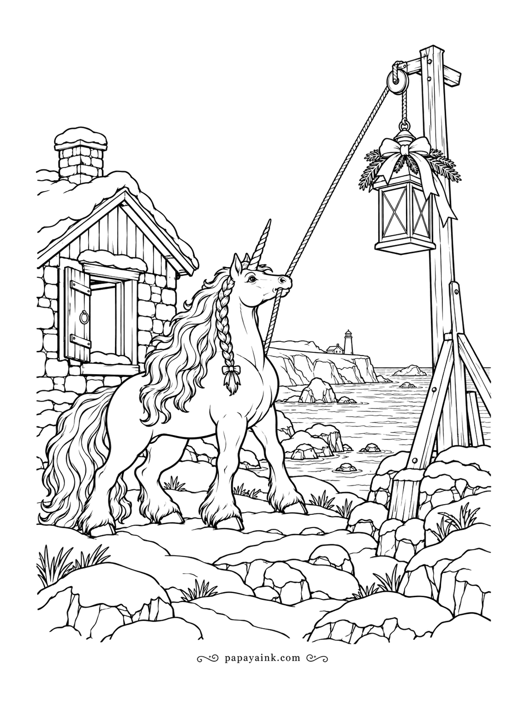Christmas Unicorn Coloring Pages - On the rocky shore, the braided unicorn hauls on the rope to raise a lantern for the evening. The lighthouse across the bay is doing the same job on a bigger scale. Detailed - rocks, sea and stone cottage.