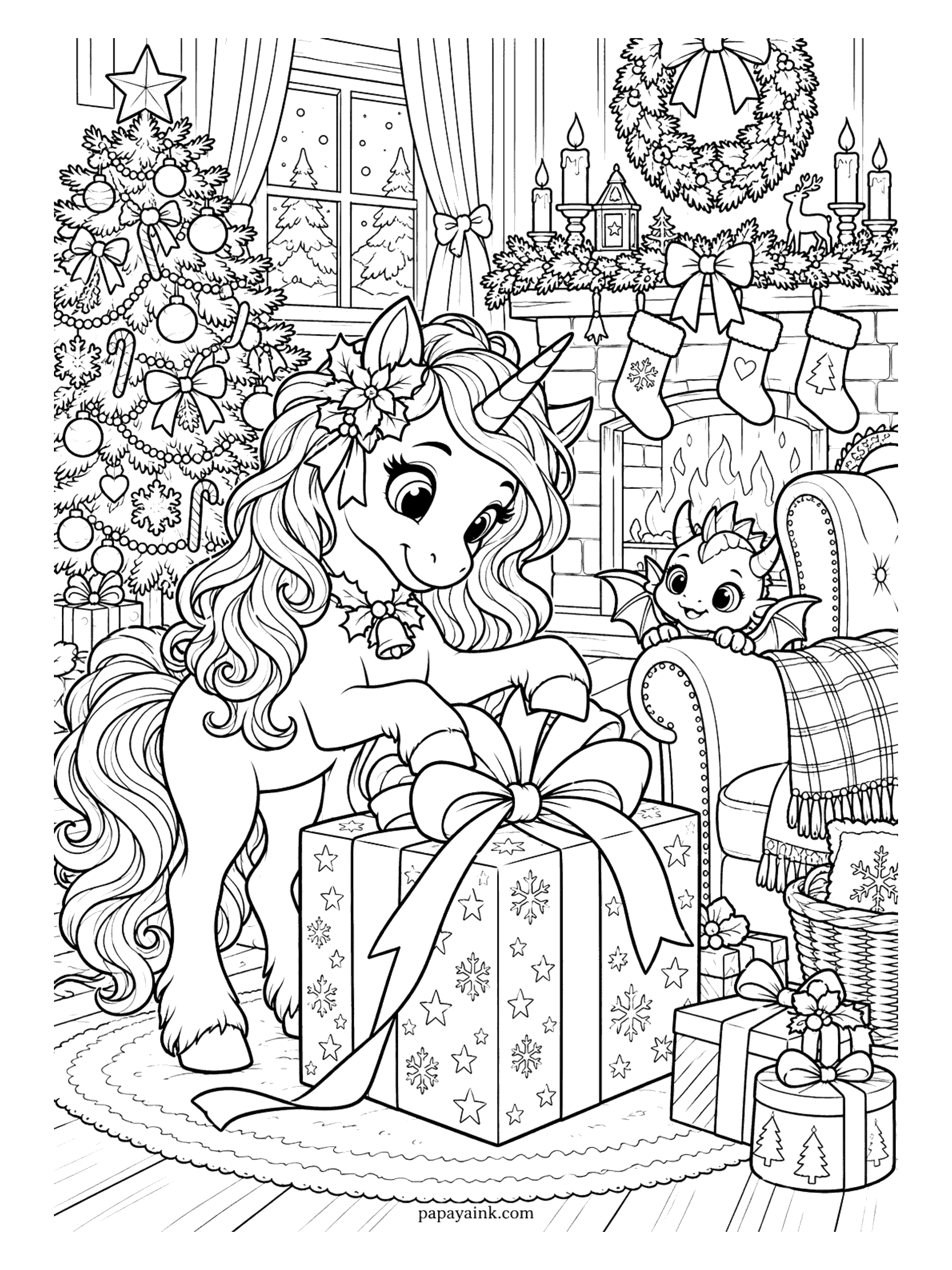 Christmas Unicorn Coloring Pages - Unicorn untying the bow on a big star-patterned gift while a tiny dragon peeks over the armchair by the fire. Detailed.