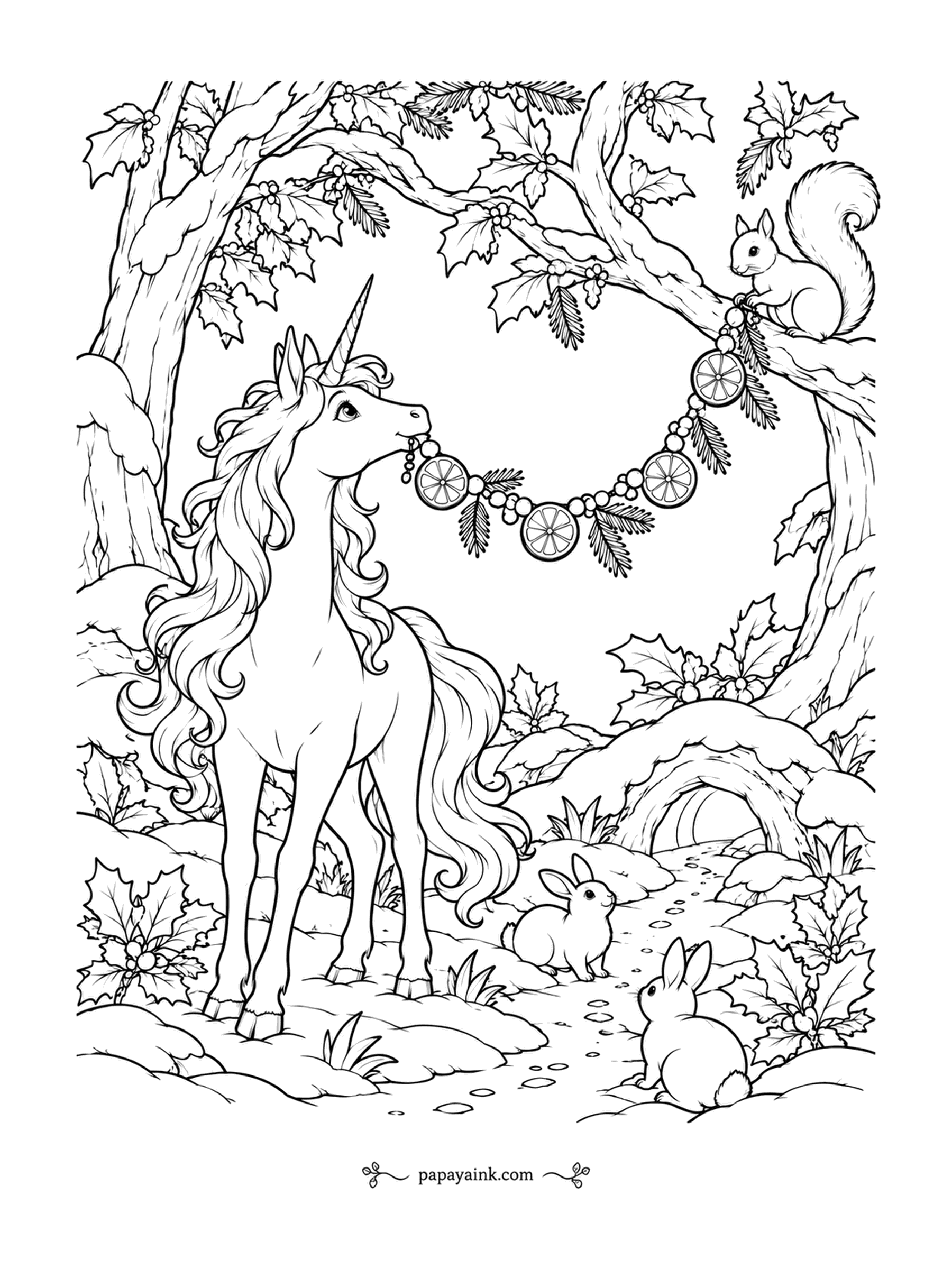 Christmas Unicorn Coloring Pages - Dried orange slices and fir sprigs make a garland that smells as good as it looks. A squirrel keeps watch at one end on the branch while the unicorn stretches the rest between trees, and two rabbits supervise. Plenty of ivy and greenery to fill.