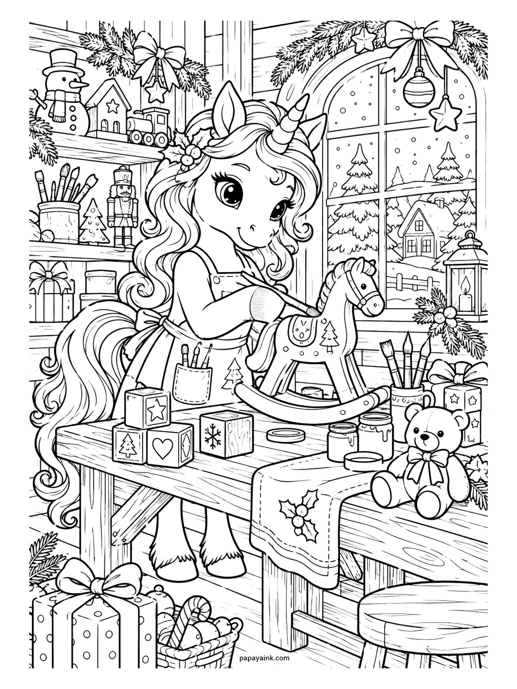 Christmas Unicorn Coloring Pages - Unicorn in an apron painting a toy rocking horse in a cozy holiday workshop full of blocks, brushes and a teddy bear. Detailed.
