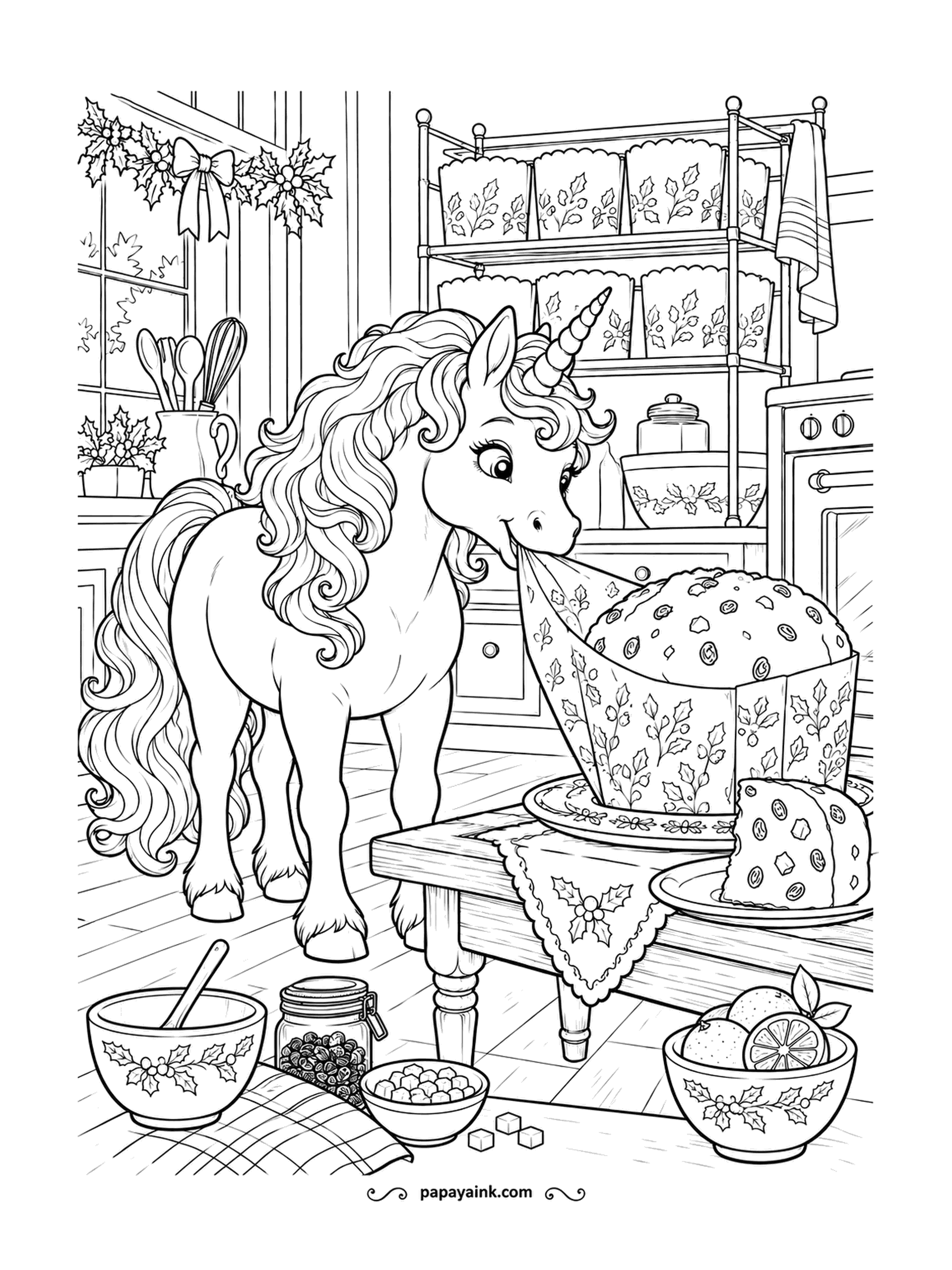 Christmas Unicorn Coloring Pages - Panettone bakes in its own paper mold, and somebody has to peel it off before slicing. The unicorn volunteered with her teeth. Candied fruit dots the loaf - pick orange and red for those.