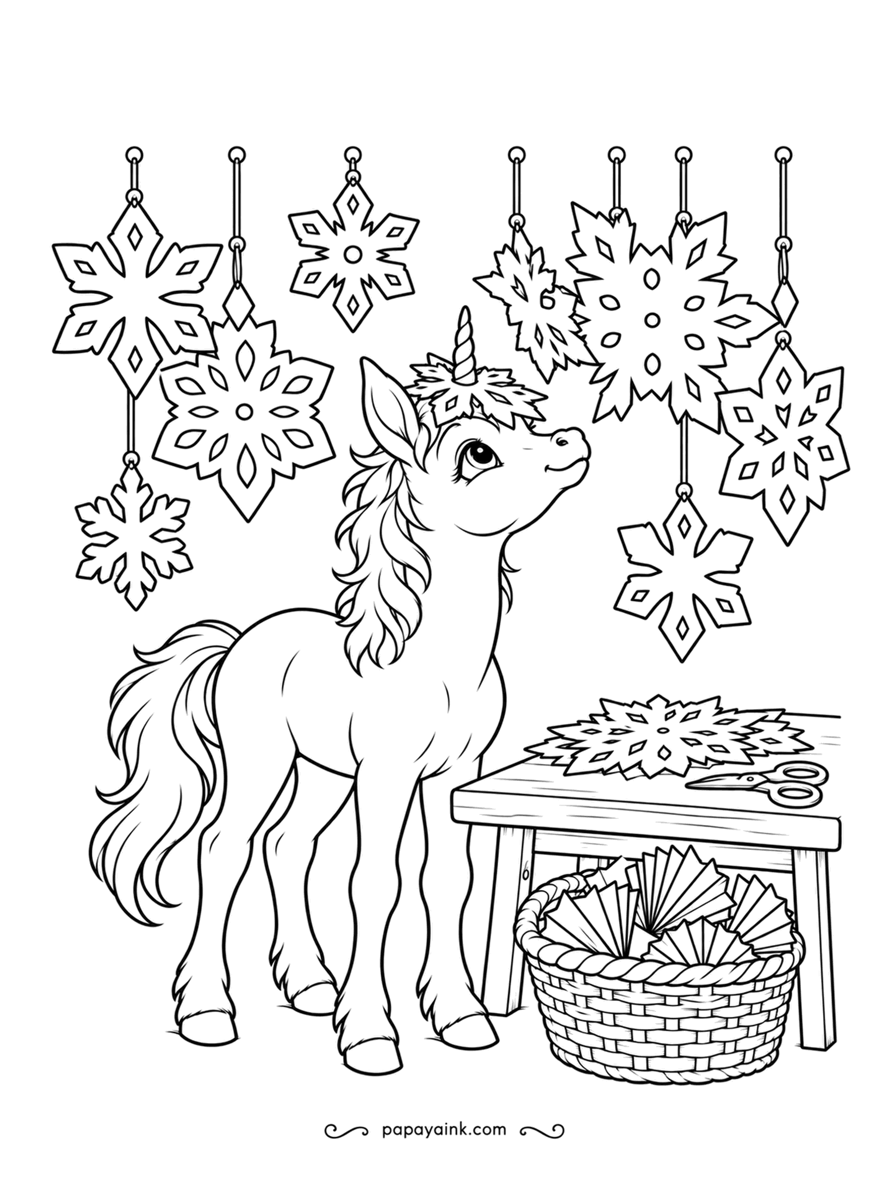 Christmas Unicorn Coloring Pages - Scissors on the table, scraps in the basket, and a ceiling full of paper snowflakes she cut herself. The foal is admiring her own work. Each snowflake can take a different pale shade.