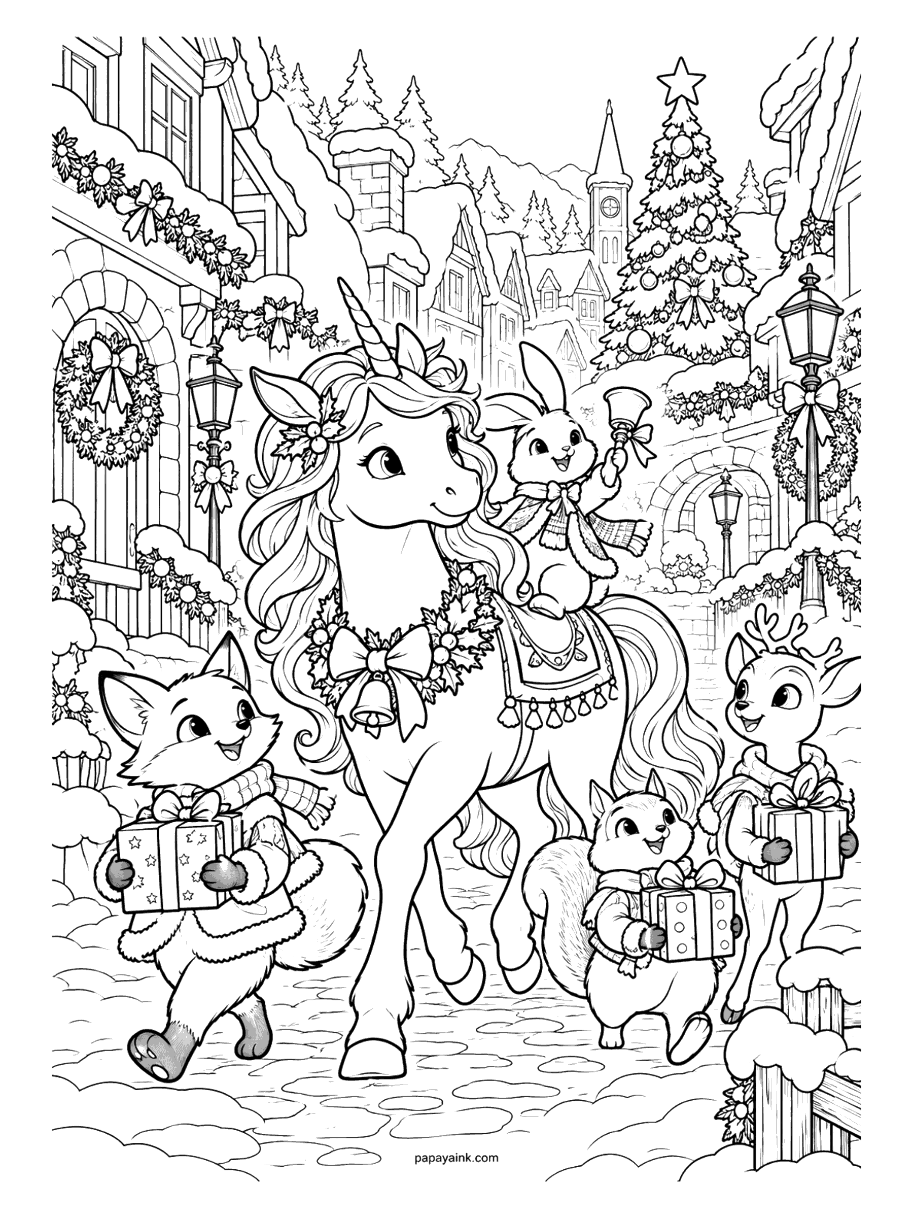 Christmas Unicorn Coloring Pages - Unicorn carrying a bell-ringing bunny down a snowy village street, joined by a fox, a squirrel and a fawn with gifts. Detailed.
