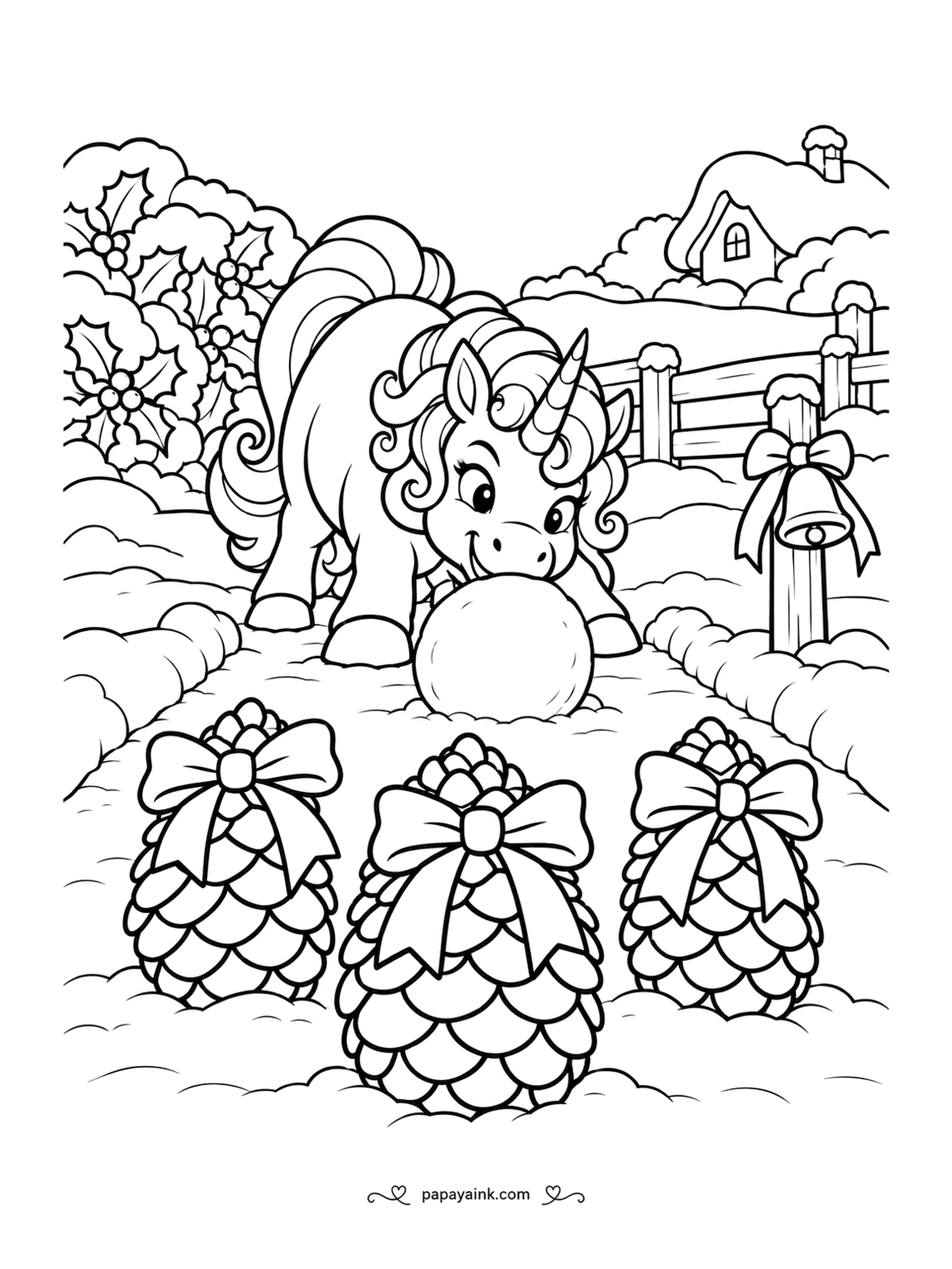 Christmas Unicorn Coloring Pages - Three pinecones with bows for pins, one snowball, and a foal lining up the shot with total concentration. A trodden lane leads straight to them. Big shapes - easy and quick.