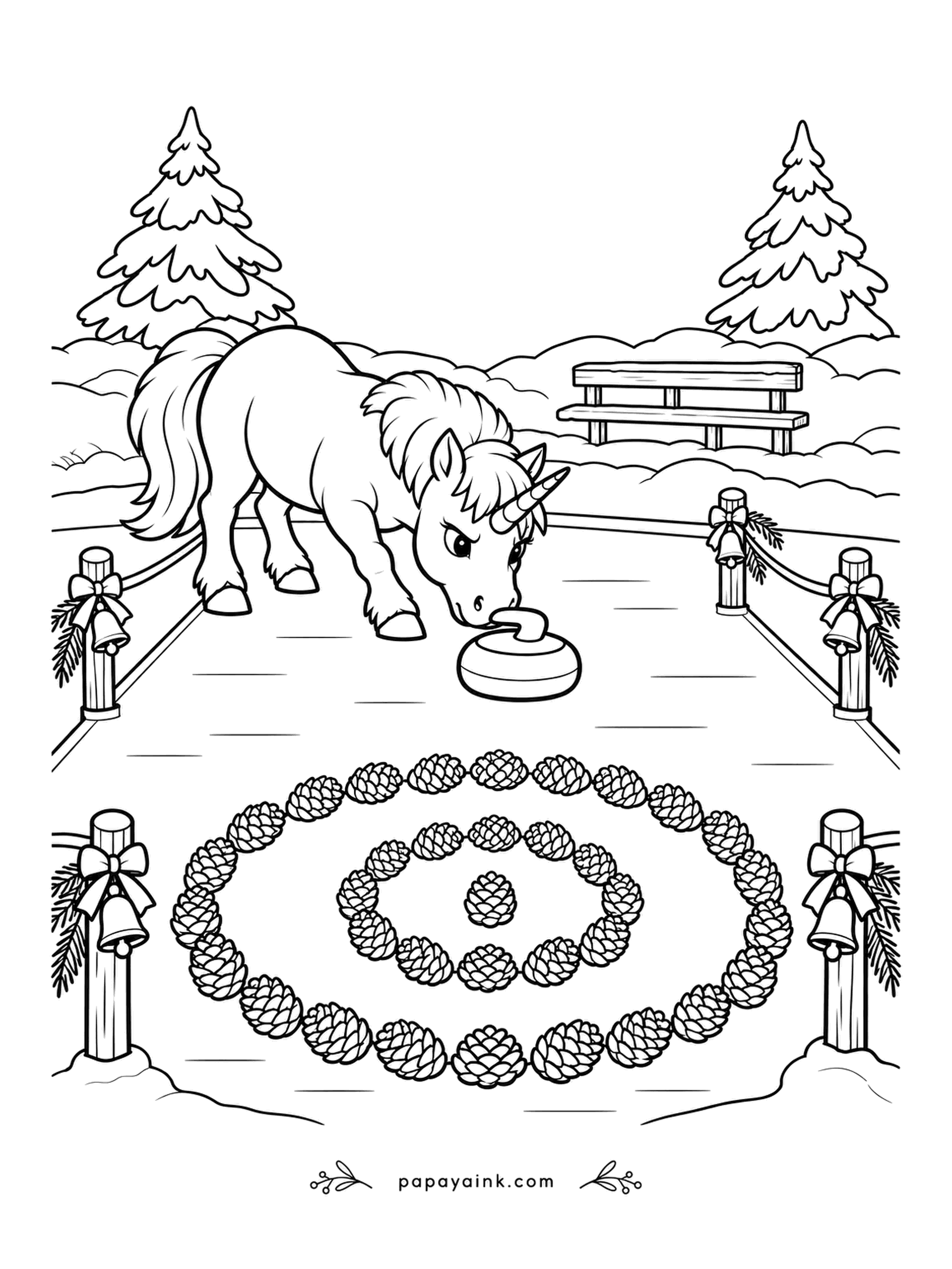 Christmas Unicorn Coloring Pages - In this version of curling, the house rings are laid out in pinecones and the stone is pushed by nose. The unicorn looks determined to land it dead center. Bow-trimmed posts mark the edges of the sheet.