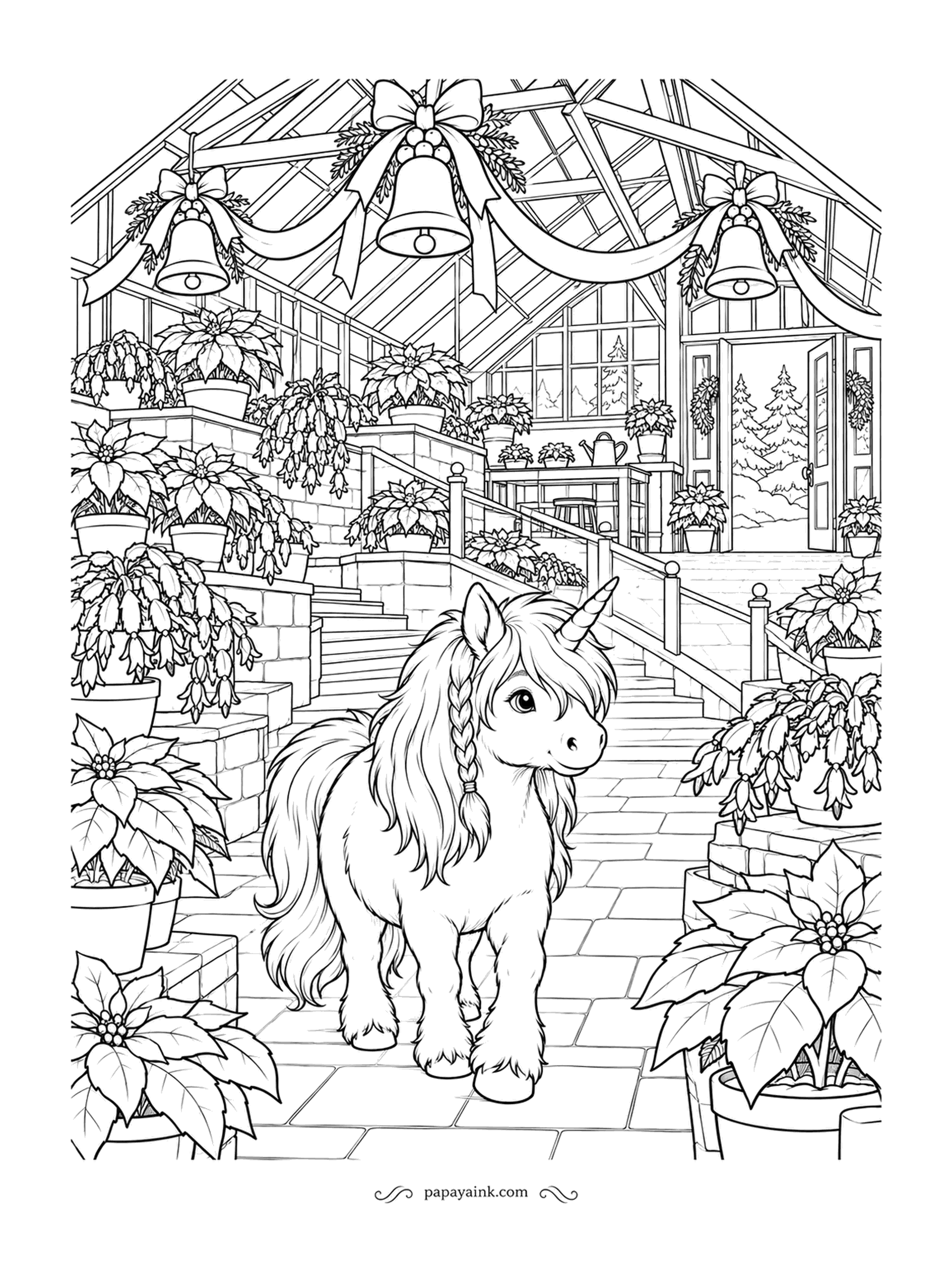 Christmas Unicorn Coloring Pages - Terrace after terrace of potted poinsettias fill the glass conservatory, and a shaggy little unicorn with one braided lock walks the aisle. Ribbon swags hang from the roof beams. Detailed - an evening's worth of leaves.