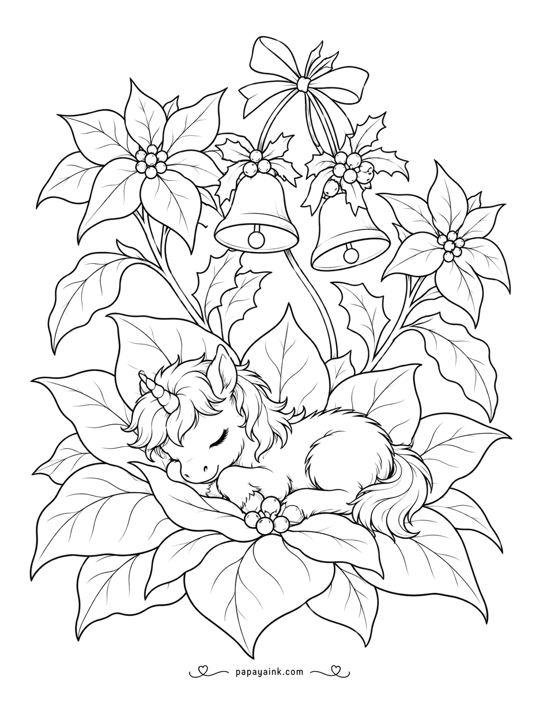 Christmas Unicorn Coloring Pages - The red parts of a poinsettia are not petals at all but bracts, colored leaves around a tiny yellow flower. The baby unicorn asleep in the middle does not mind the botany. Red bracts, green foliage, and the berries in gold.