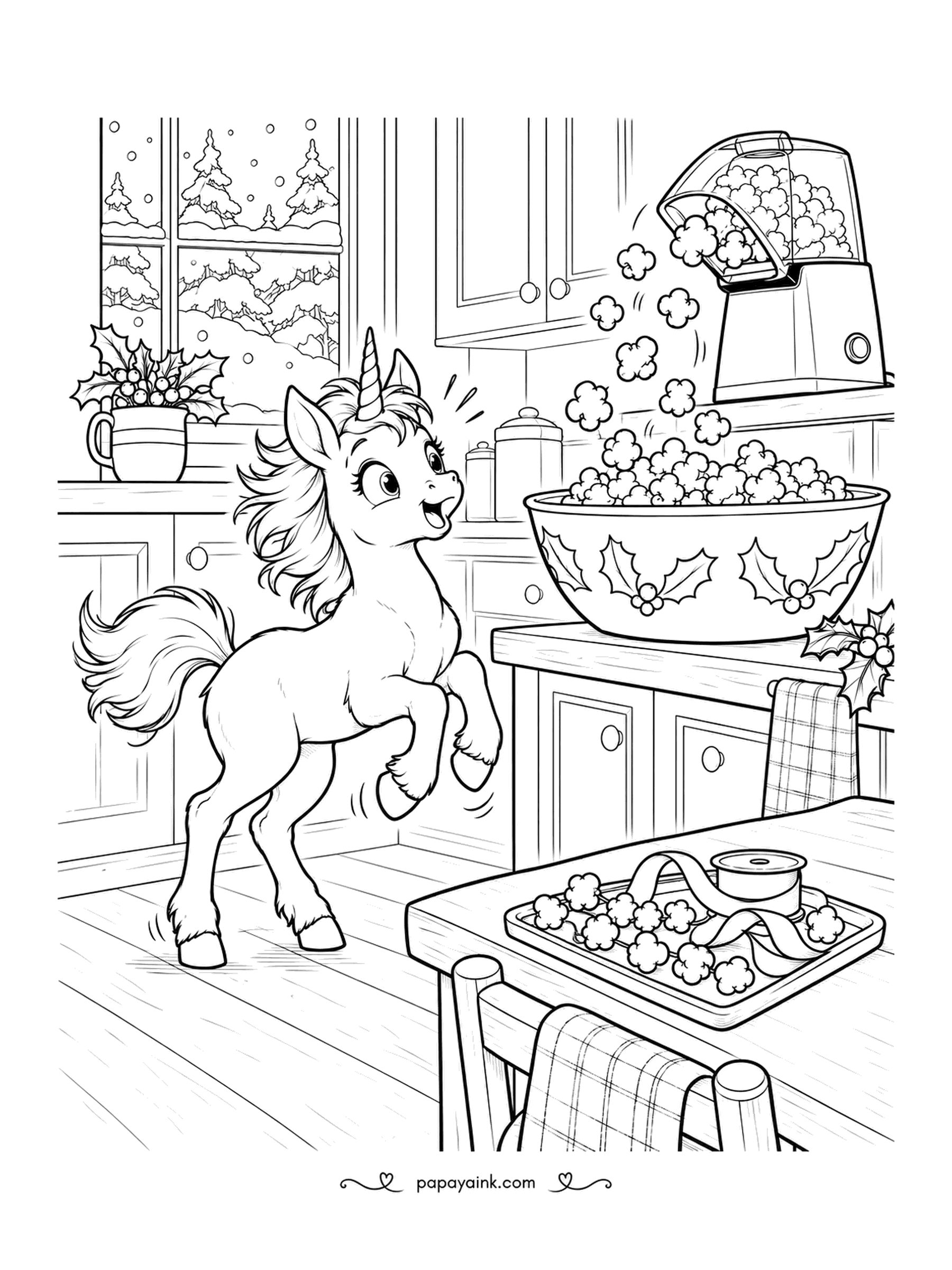Christmas Unicorn Coloring Pages - Stringing popcorn garland was the plan, but the machine is overflowing and the foal has jumped back in alarm. A tray of popped corn and a spool of ribbon wait on the table. Butter yellow for the popcorn, berry red for the bowl.