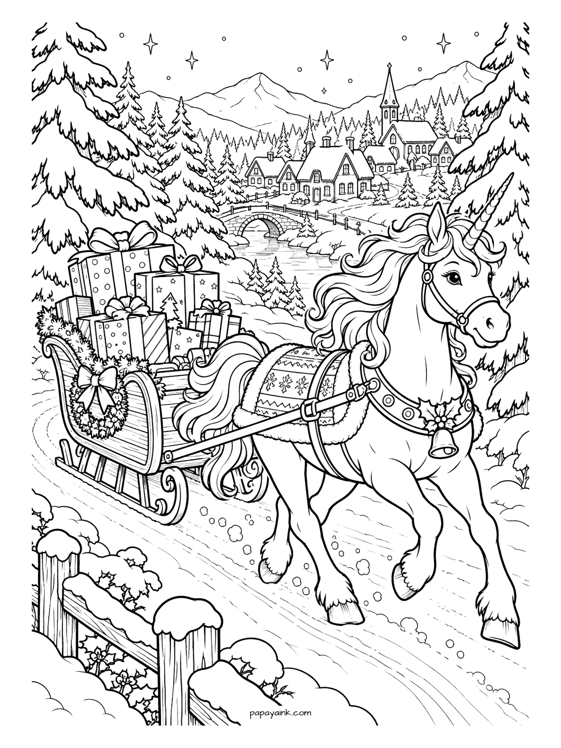 Christmas Unicorn Coloring Pages - Unicorn in a patterned blanket and jingle bells pulling a sleigh piled with presents down a snowy road toward a village. Detailed.