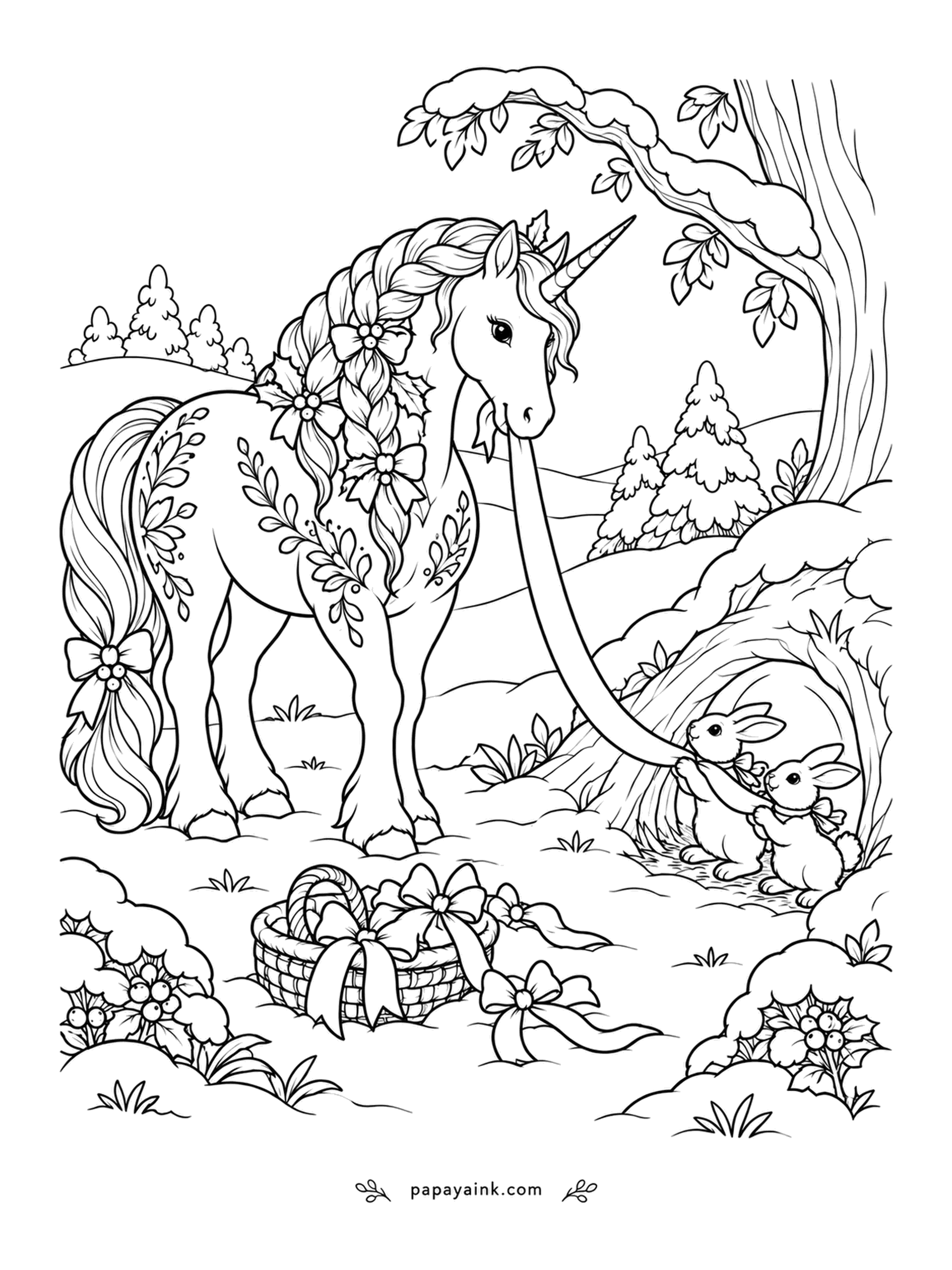 Christmas Unicorn Coloring Pages - Two rabbits are hauling a gift ribbon into their burrow, and the unicorn is holding the other end so it comes in slowly. Folk-style flowers are painted along her neck and flank. A basket of ribboned treats waits nearby.