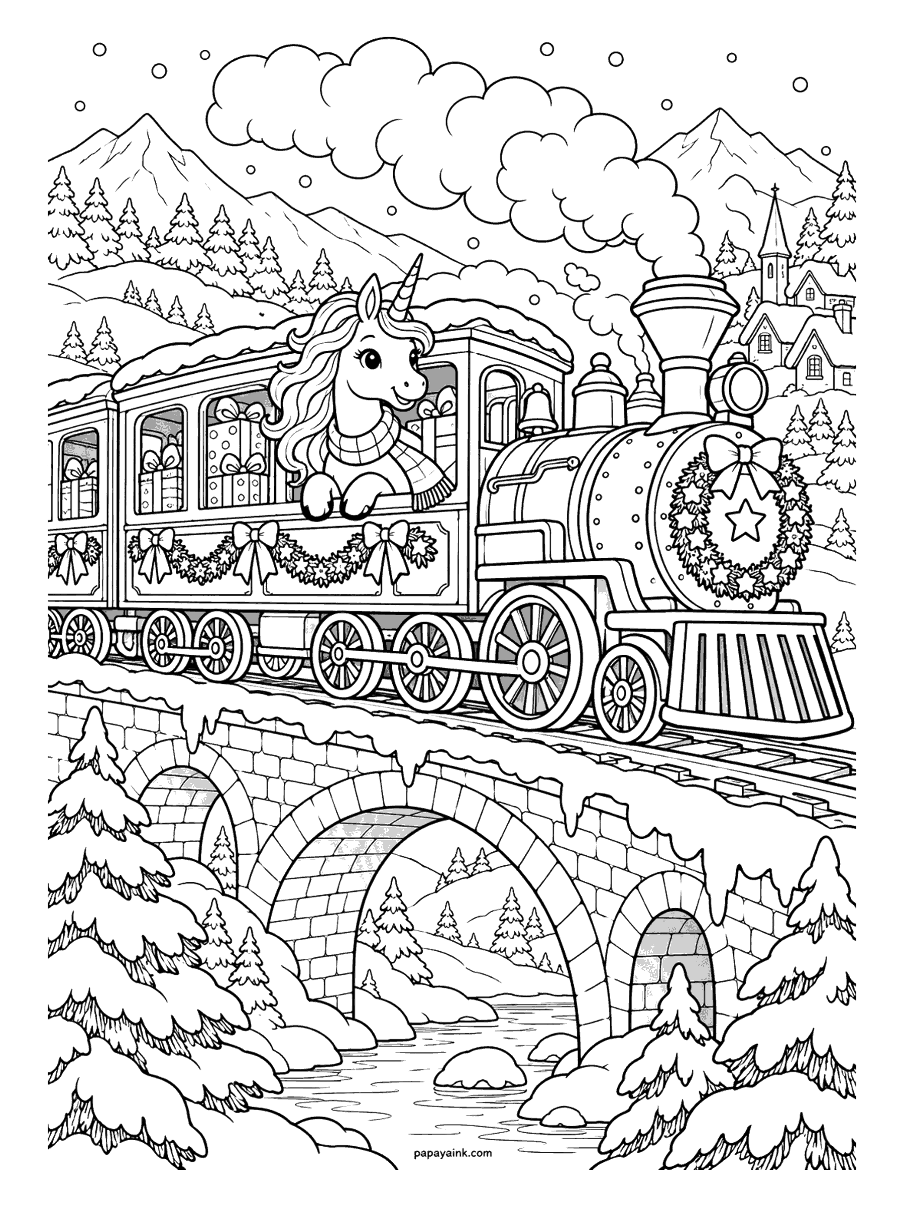 Christmas Unicorn Coloring Pages - Unicorn in a striped scarf waving from a Christmas train crossing a stone bridge through snowy mountains. Detailed.