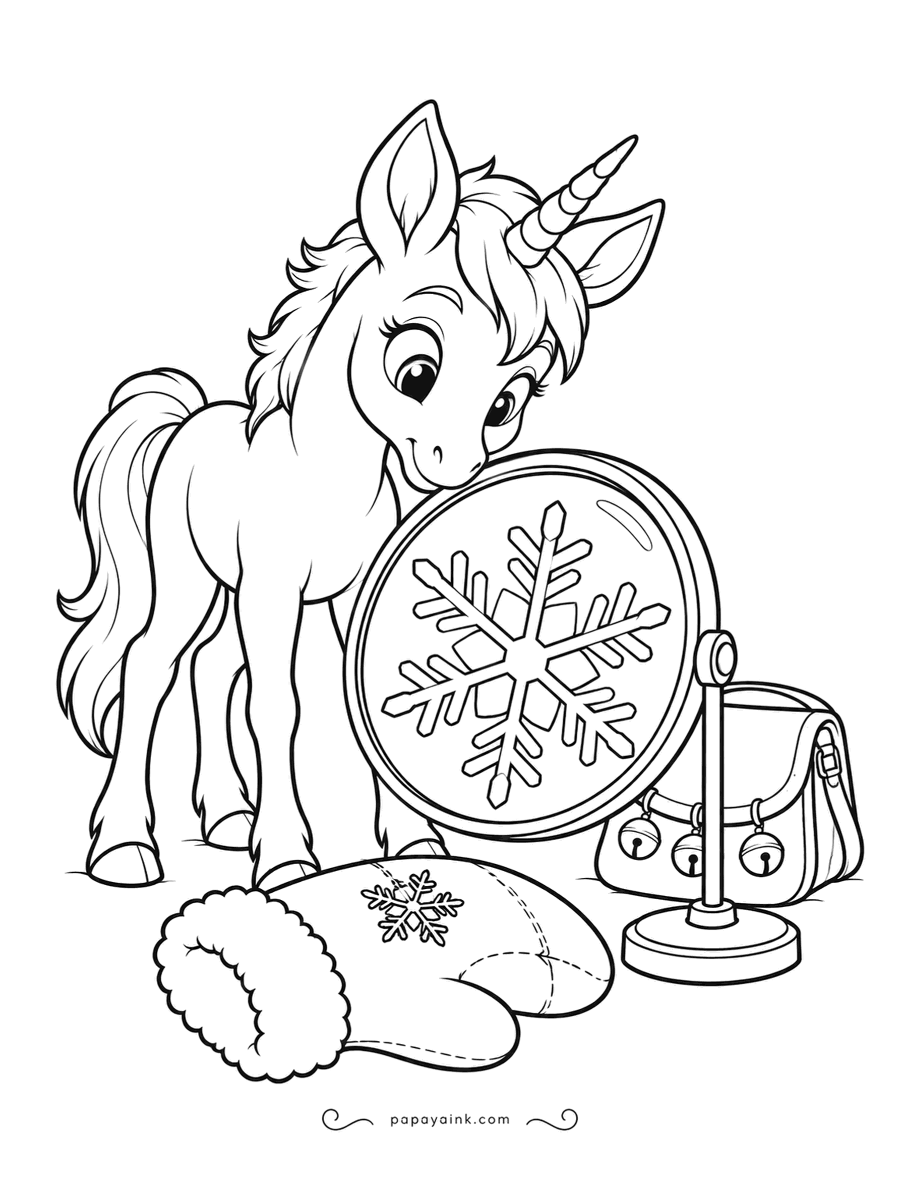 Christmas Unicorn Coloring Pages - Snowflakes grow six arms, and the foal is checking that claim with a magnifier as big as her head. A mitten and a little satchel lie beside the stand. Light blue for the crystal, warm tones for the rest.