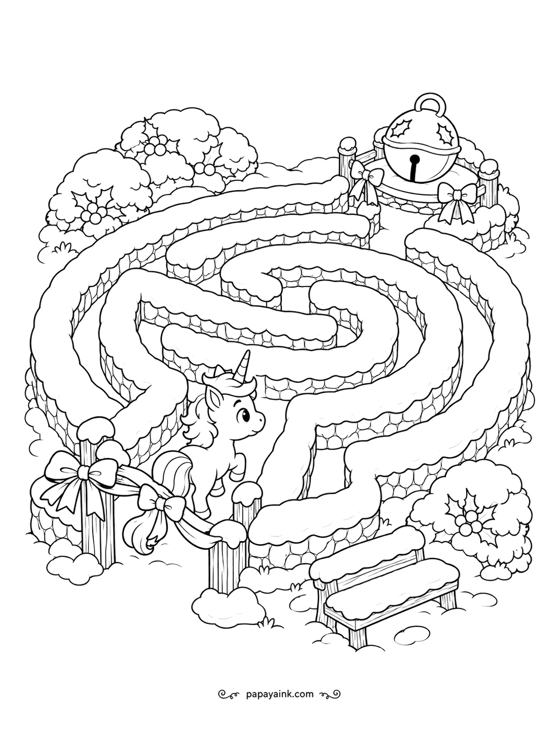 Christmas Unicorn Coloring Pages - At the gate of the hedge maze, a small unicorn studies the route to the giant bell at the far end. Trace the path with a finger before coloring. Snowy hedges look best in two greens with white tops.