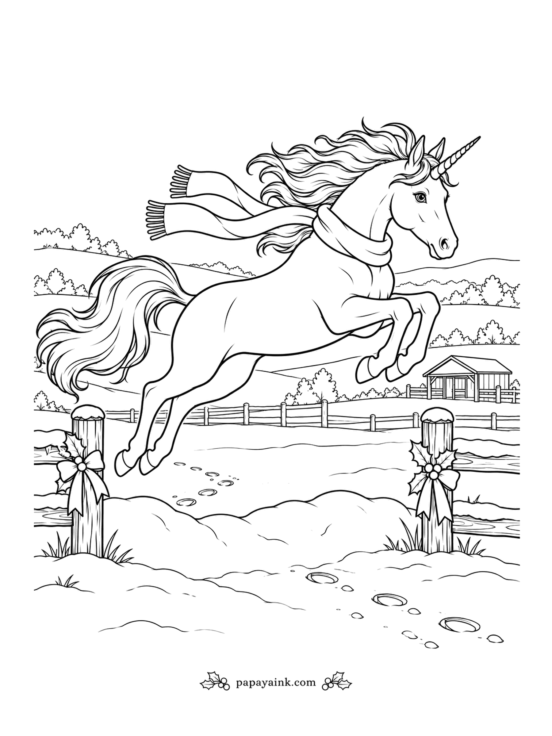 Christmas Unicorn Coloring Pages - Scarf streaming, tail flying, the unicorn clears the gap in the paddock fence in a single bound. The hoofprints show exactly where she took off. Plenty of open snow - room to play with blue shadows.