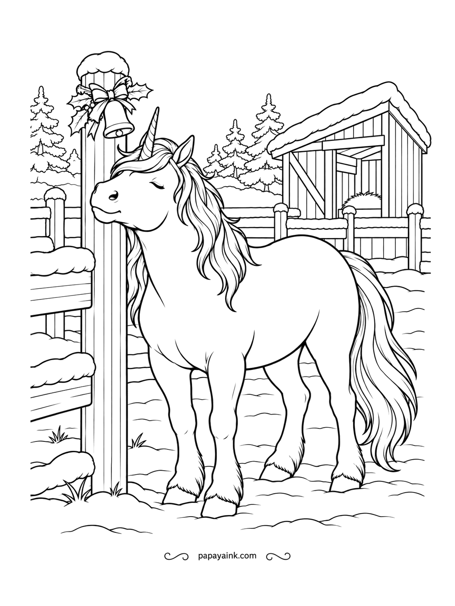 Christmas Unicorn Coloring Pages - Horses love a good fence post for scratching, and this unicorn has found the one with the bell on top. Eyes shut, she leans into it. A paddock, a barn and pines behind - room for winter blues.
