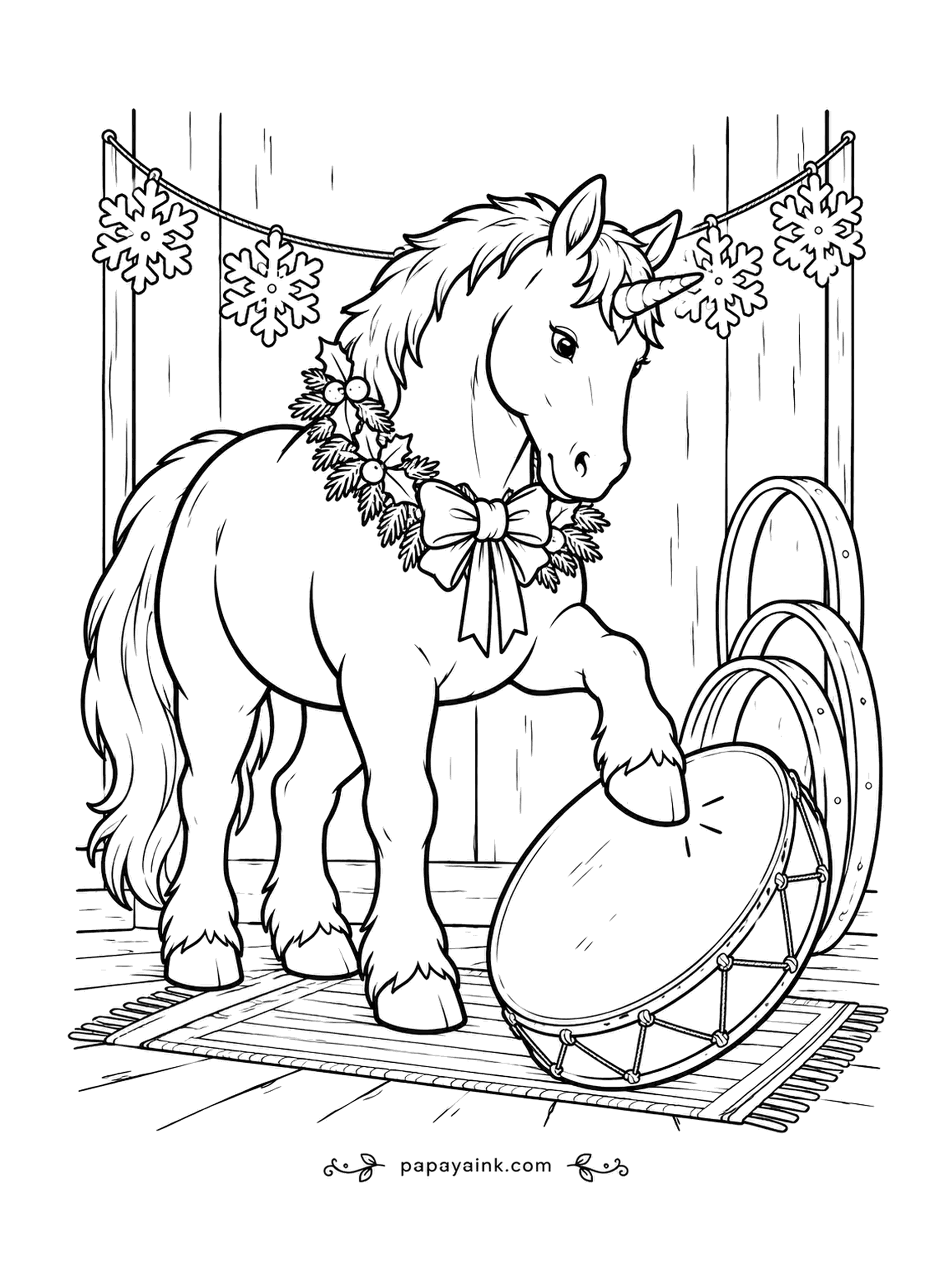 Christmas Unicorn Coloring Pages - A wreath around the neck, a drum on the rug, and one leg raised for the downbeat. Cut-out snowflakes swing on the line above with each tap. Wood tones for the drum, a bright ribbon for the bow.