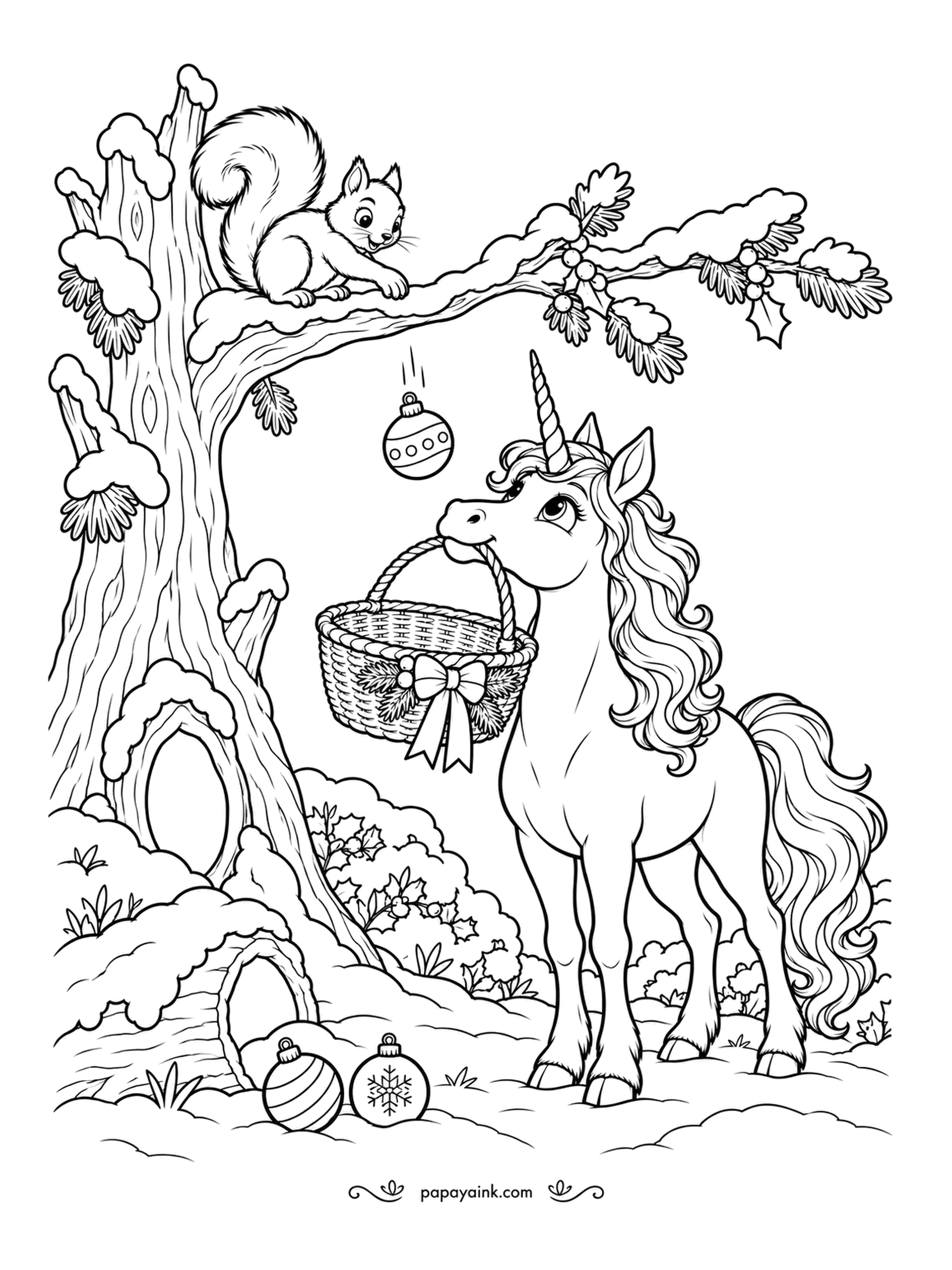 Christmas Unicorn Coloring Pages - Up on the branch a squirrel is dropping ornaments one by one, and below the unicorn holds out a basket in her teeth to catch them. Two have already missed. Bright bauble colors against a soft grey tree.