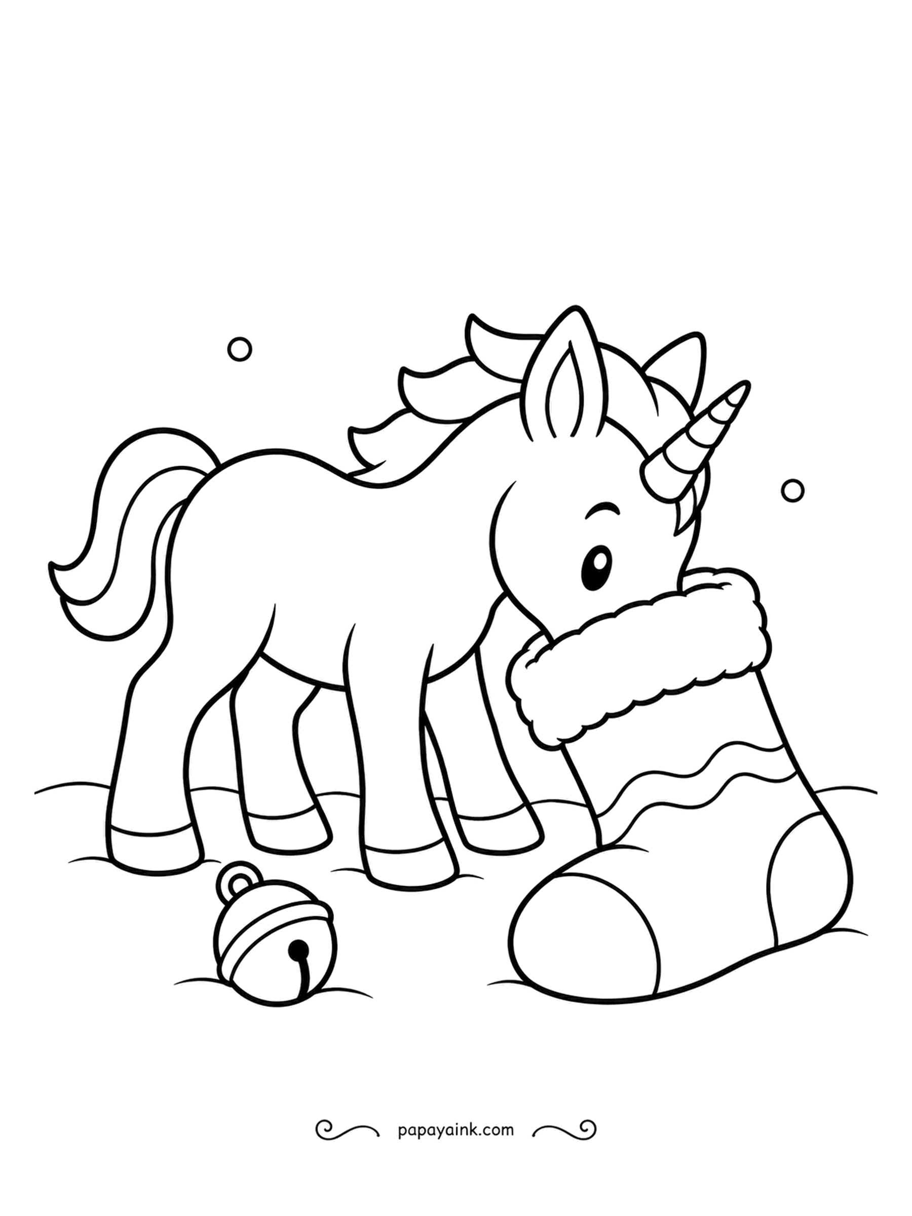 Christmas Unicorn Coloring Pages - Head first into the stocking, the foal is checking the contents before anyone else gets a chance. A loose jingle bell has already rolled out. Very few lines - a gentle page for small hands.