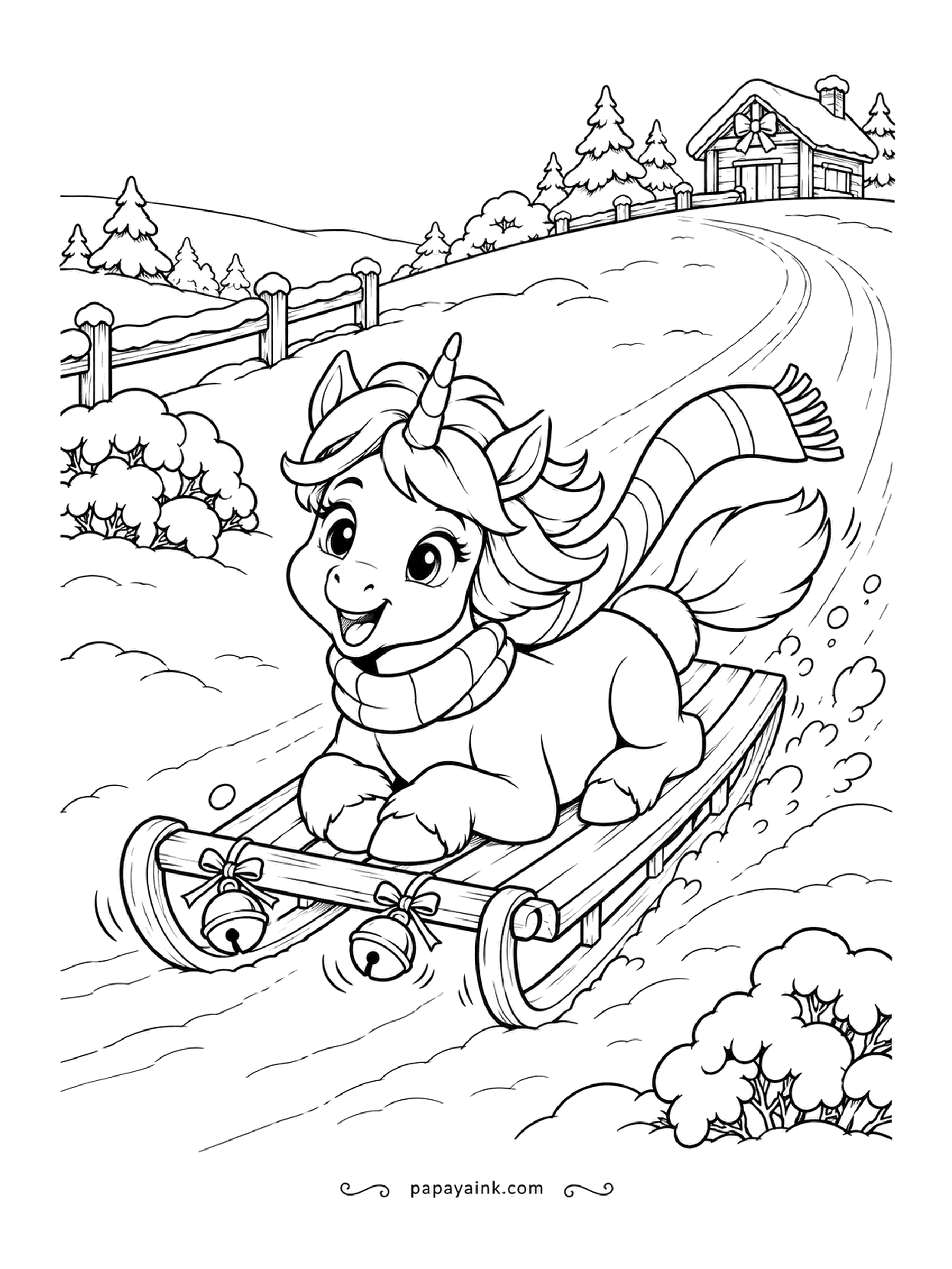 Christmas Unicorn Coloring Pages - Lying flat on the wooden sled with her scarf straight out behind, the foal is having the best run of the winter. Bells on the front rail announce her coming. Speed lines and flying spray are the only fine detail.