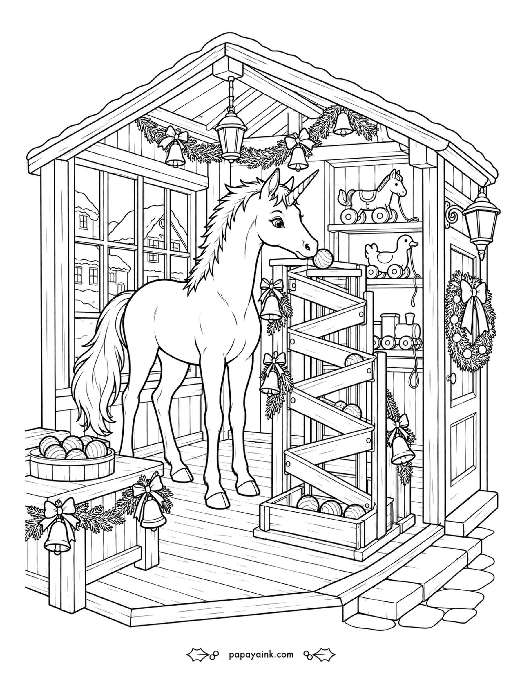 Christmas Unicorn Coloring Pages - Every marble run in the toy shop gets tested before Christmas, and the unicorn takes the job seriously. Pull toys and a train watch from the shelves. Detailed - zigzag ramps, bows and a wreath on the door.