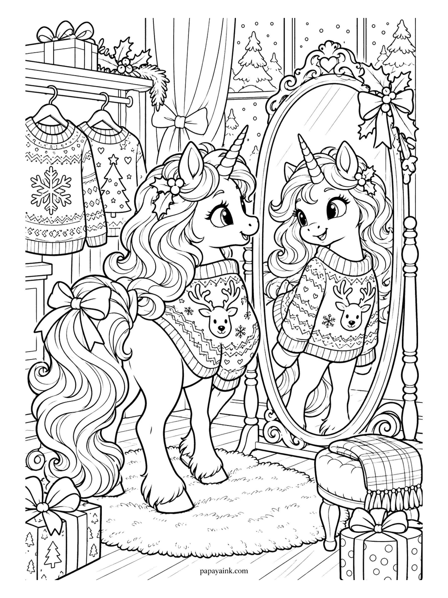 Christmas Unicorn Coloring Pages - Unicorn admiring her reindeer Christmas sweater in a tall mirror, with more holiday sweaters hanging on the rack behind her.