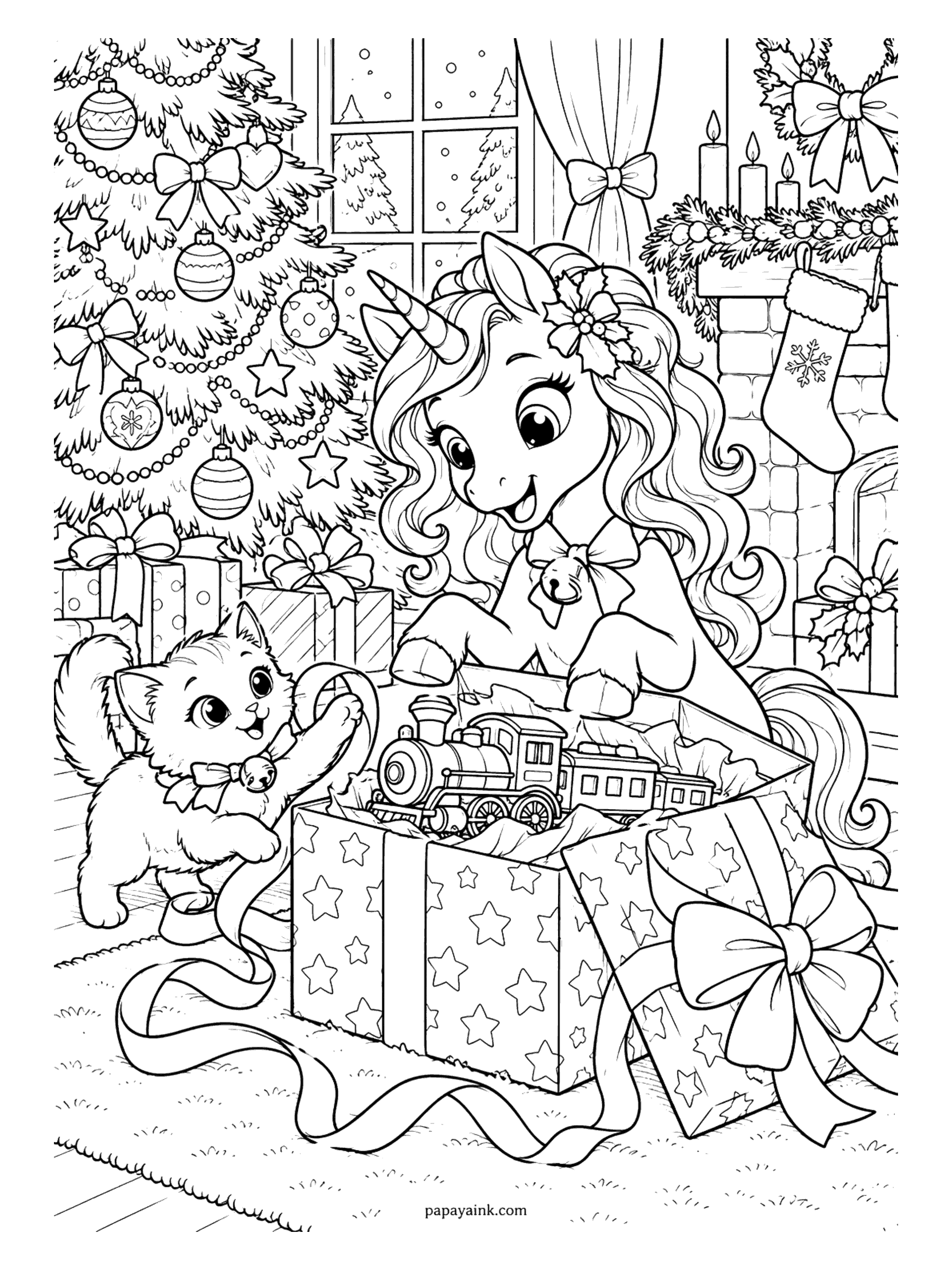Christmas Unicorn Coloring Pages - Excited unicorn lifting a toy train out of a star-wrapped box while a kitten plays with the ribbon under the tree.