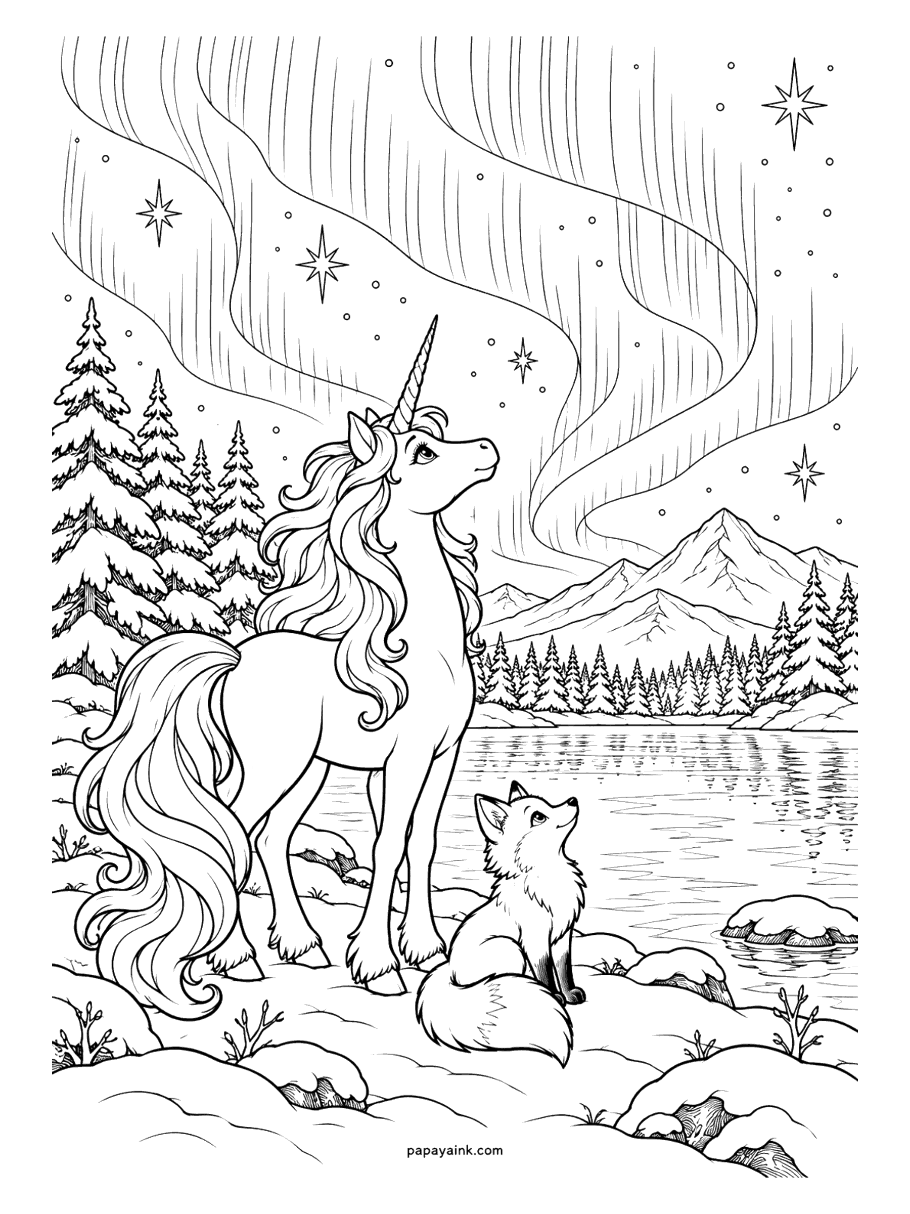 Christmas Unicorn Coloring Pages - Unicorn and a fox gazing up at the northern lights over a mountain lake on a starry winter night.