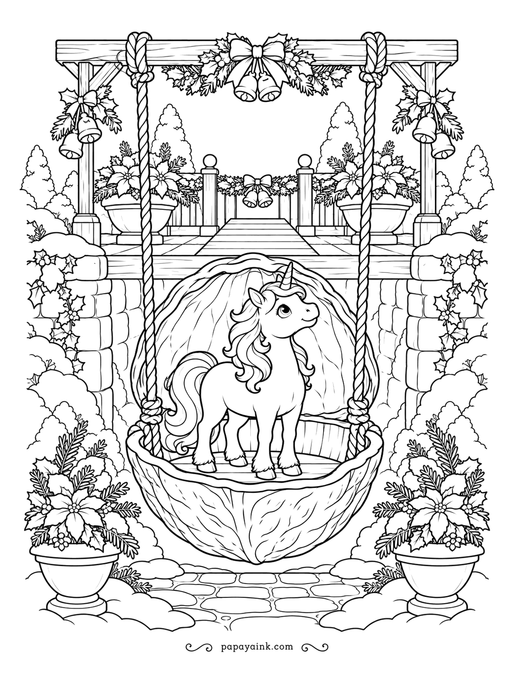 Christmas Unicorn Coloring Pages - Half a walnut shell on two ropes makes a fine garden lift for a unicorn this small. Poinsettias fill the pots on either side, and garlands run along the gallery above. Shell grain and stonework reward a sharp pencil.