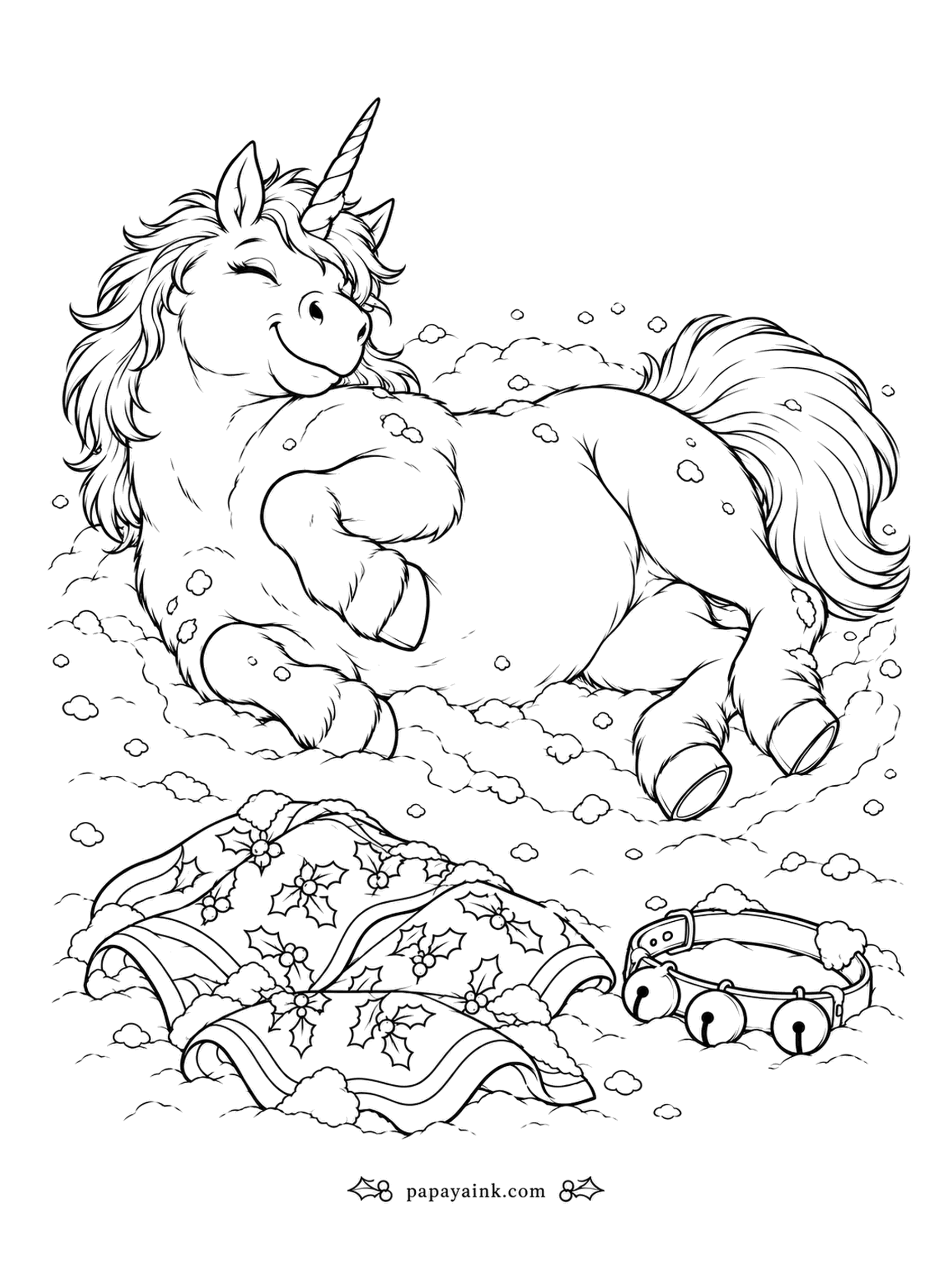 Christmas Unicorn Coloring Pages - Blanket off, bell collar off, and straight into the deepest drift for a good roll. Horses really do this in fresh snow - it scratches every itch at once. Holly print on the blanket, silver on the bells.