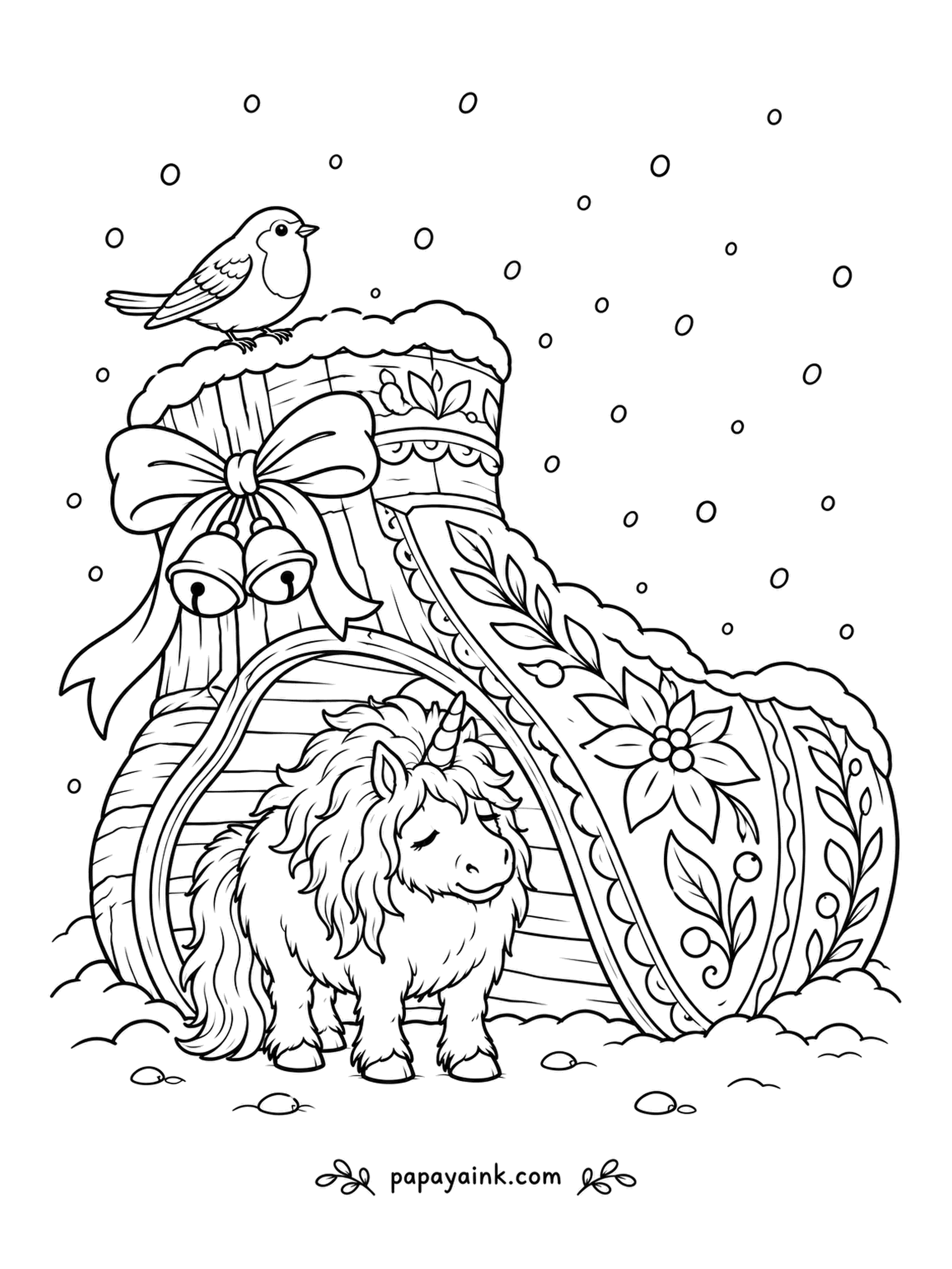 Christmas Unicorn Coloring Pages - A giant wooden boot painted with poinsettias makes a snug shelter from the snowfall. The shaggy little unicorn has tucked herself inside while a robin keeps watch from the top. Folk patterns to fill in bright colors.