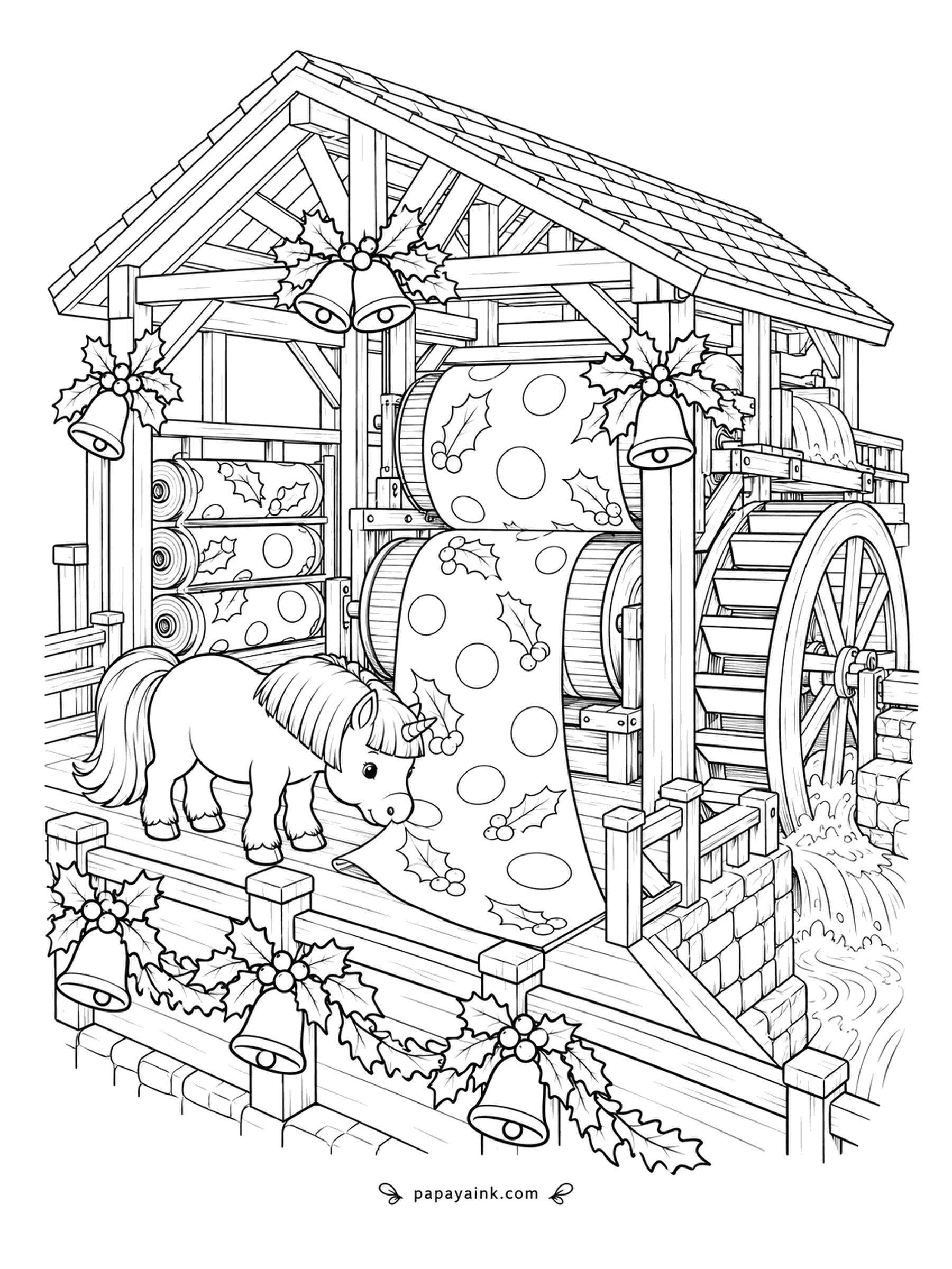 Christmas Unicorn Coloring Pages - The water turns the wheel, the wheel turns the rollers, and out comes holly-print wrapping paper by the yard. The foal is inspecting the first sheet. Detailed - roof beams, gears and rolls stacked high.