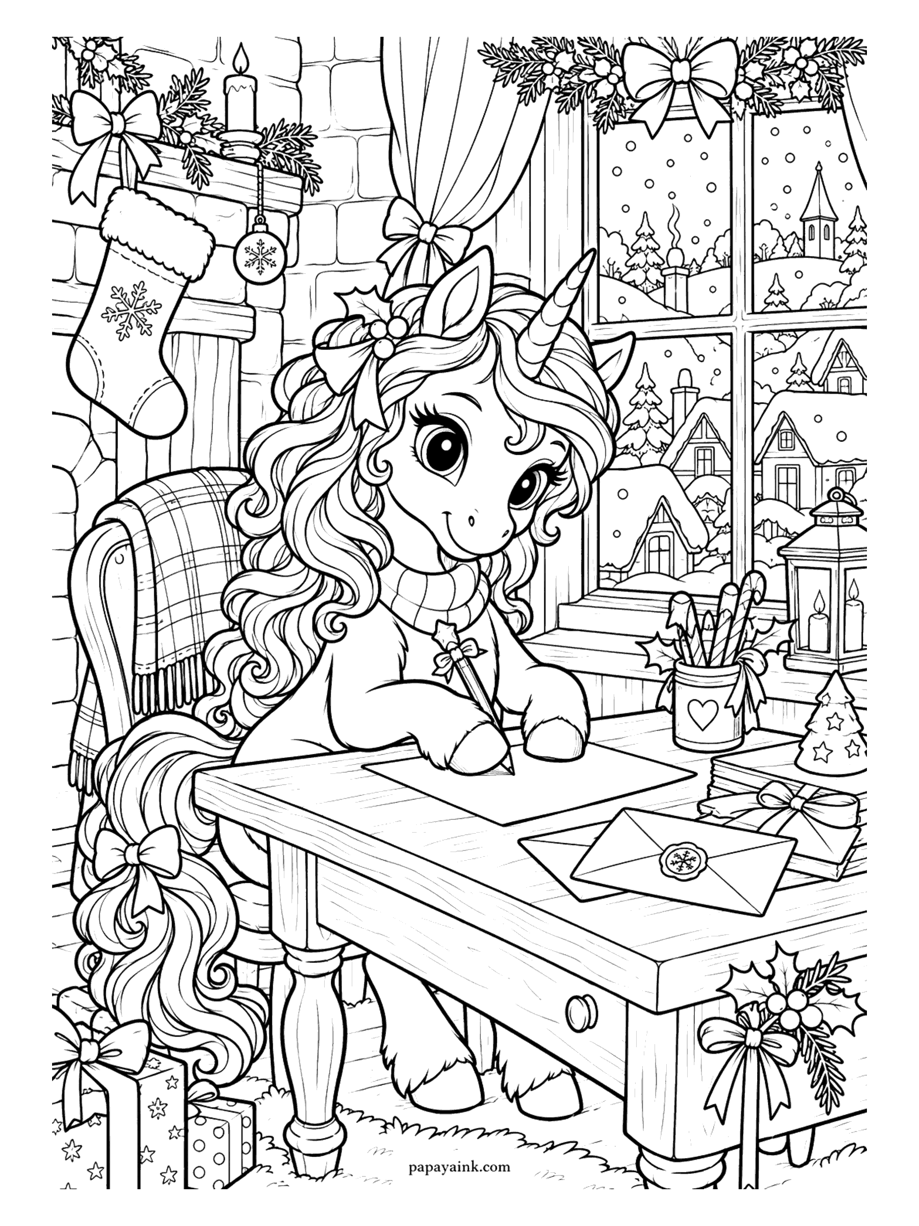 Christmas Unicorn Coloring Pages - Unicorn at a wooden desk writing a letter to Santa, with a sealed envelope, a lantern and a snowy village outside the window. Detailed.