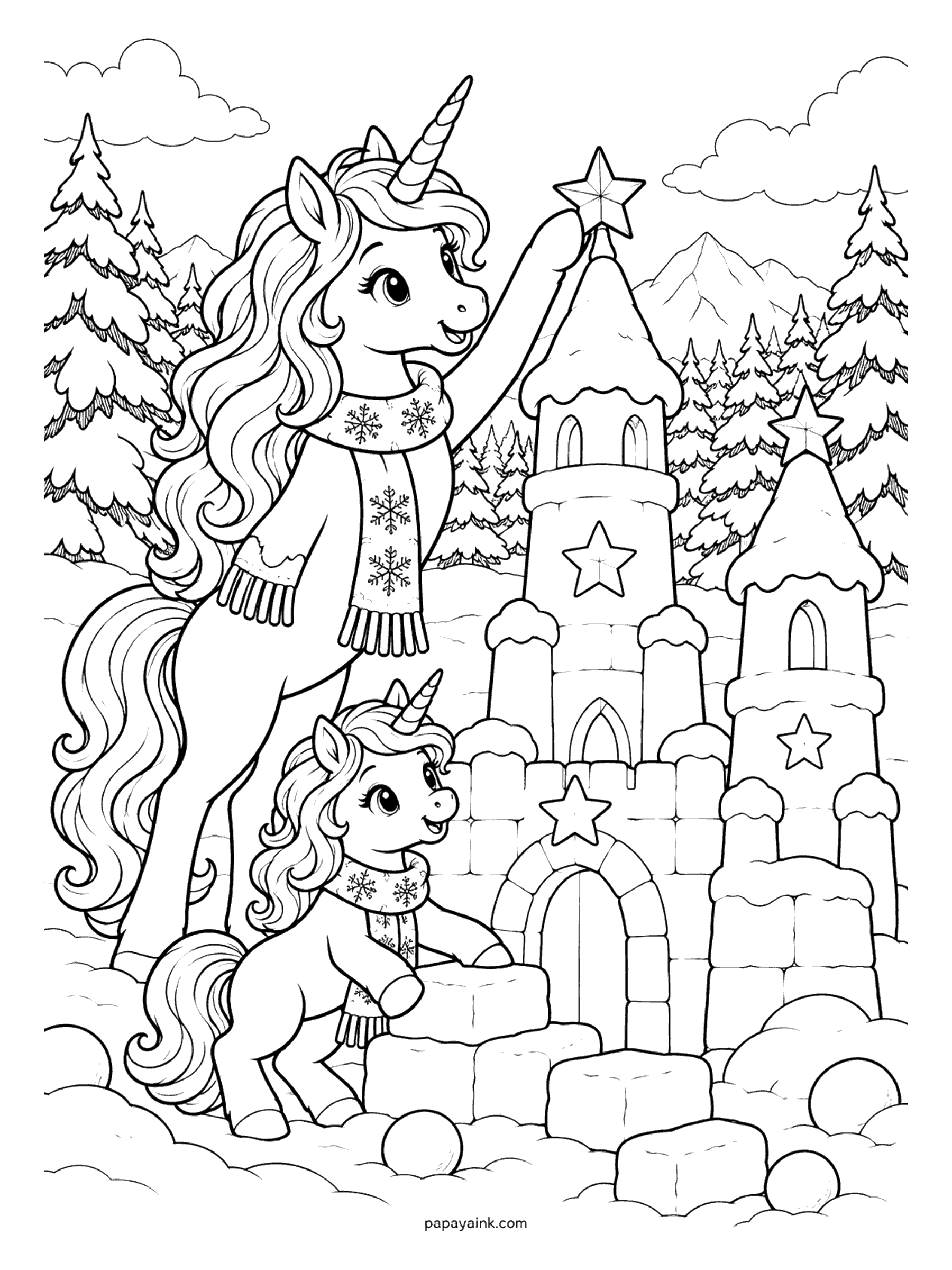 Christmas Unicorn Coloring Pages - Unicorn mom and her foal in snowflake scarves building a snow castle with star-topped towers among the pines.