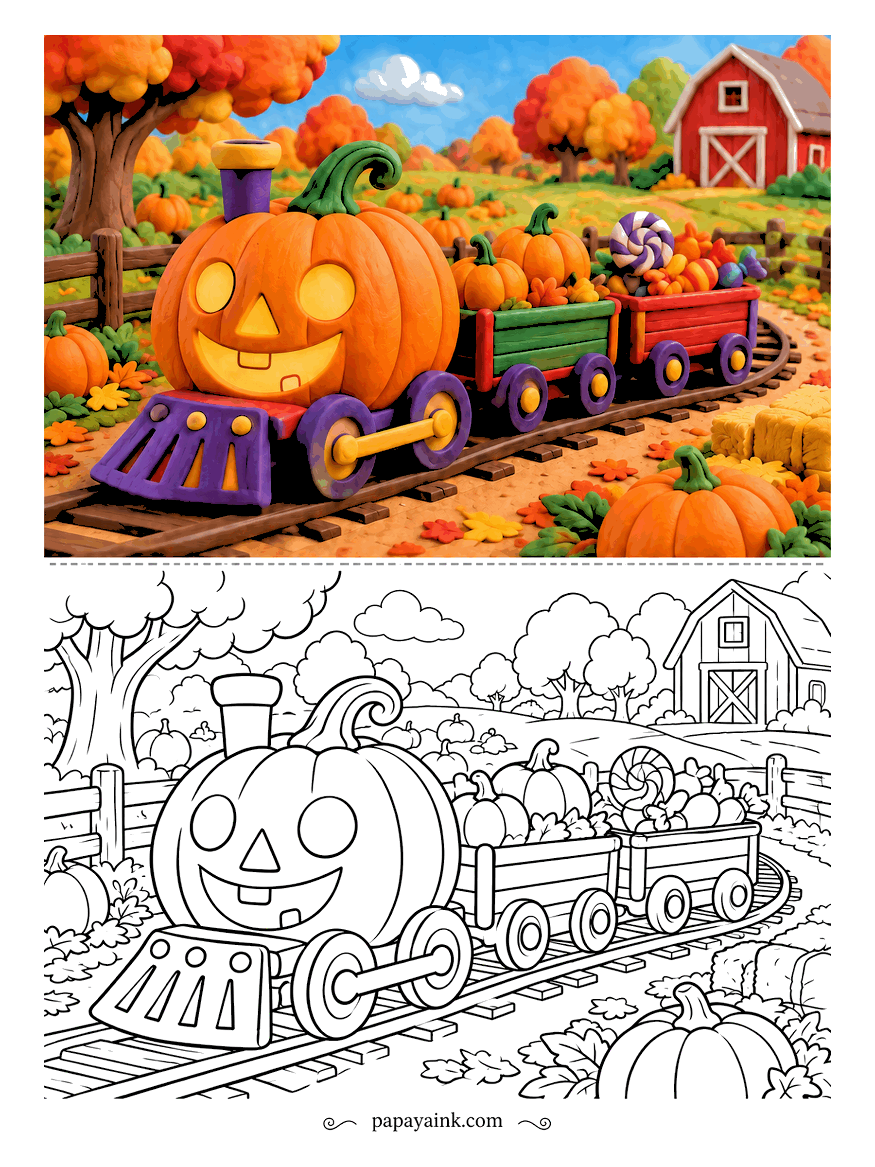 Pumpkin Coloring Pages - Engine number one is a pumpkin, and the freight is candy. The little clay train chugs along the track past hay bales and a red barn, every car piled with treats. Rounded shapes, an easy page for beginners.