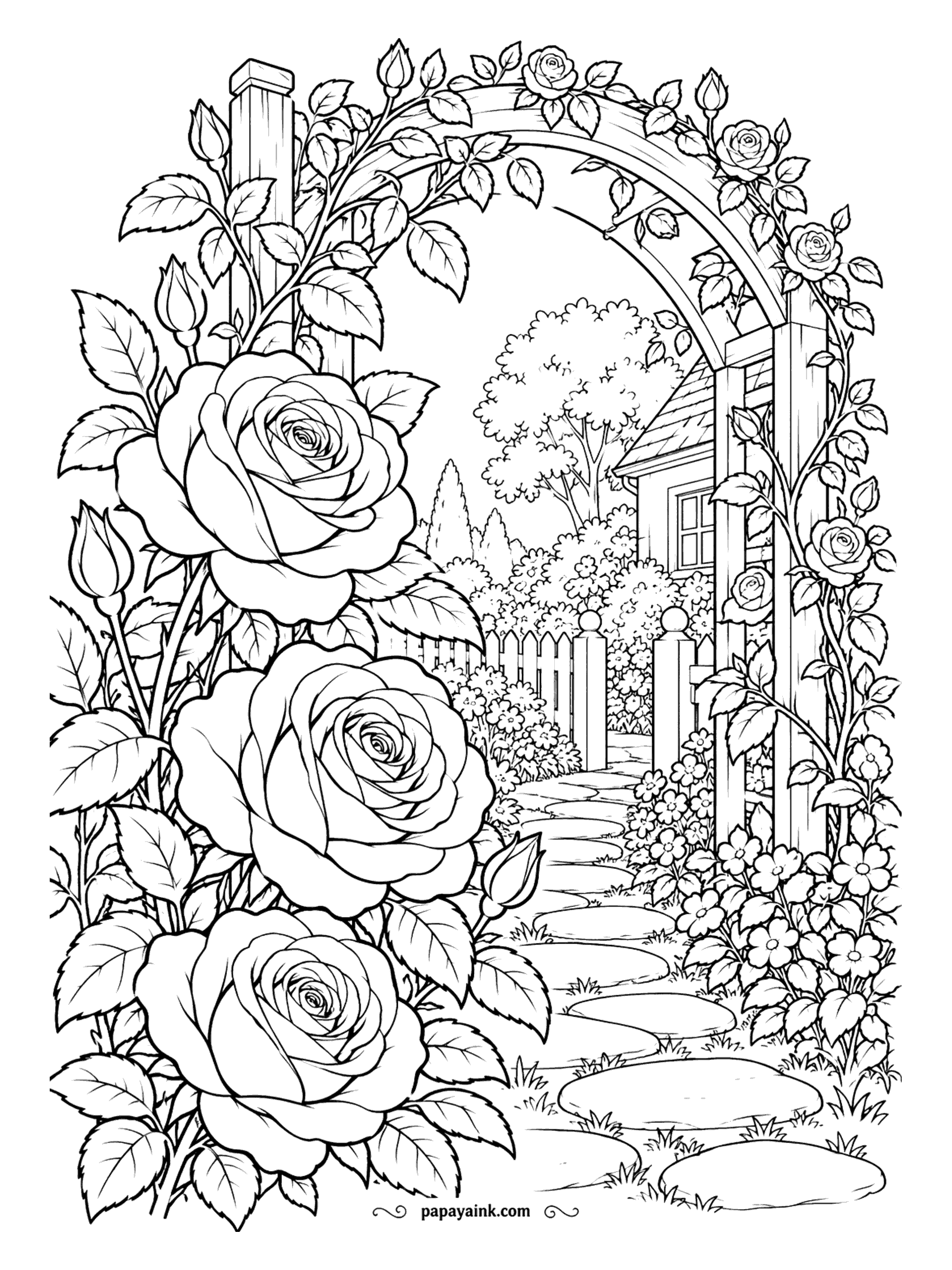 Flower Coloring Pages - A garden arch so overgrown with roses that the posts barely show. Three full blooms crowd the foreground while a stepping-stone path leads past a picket fence to the house. Detailed - leaves and buds everywhere.