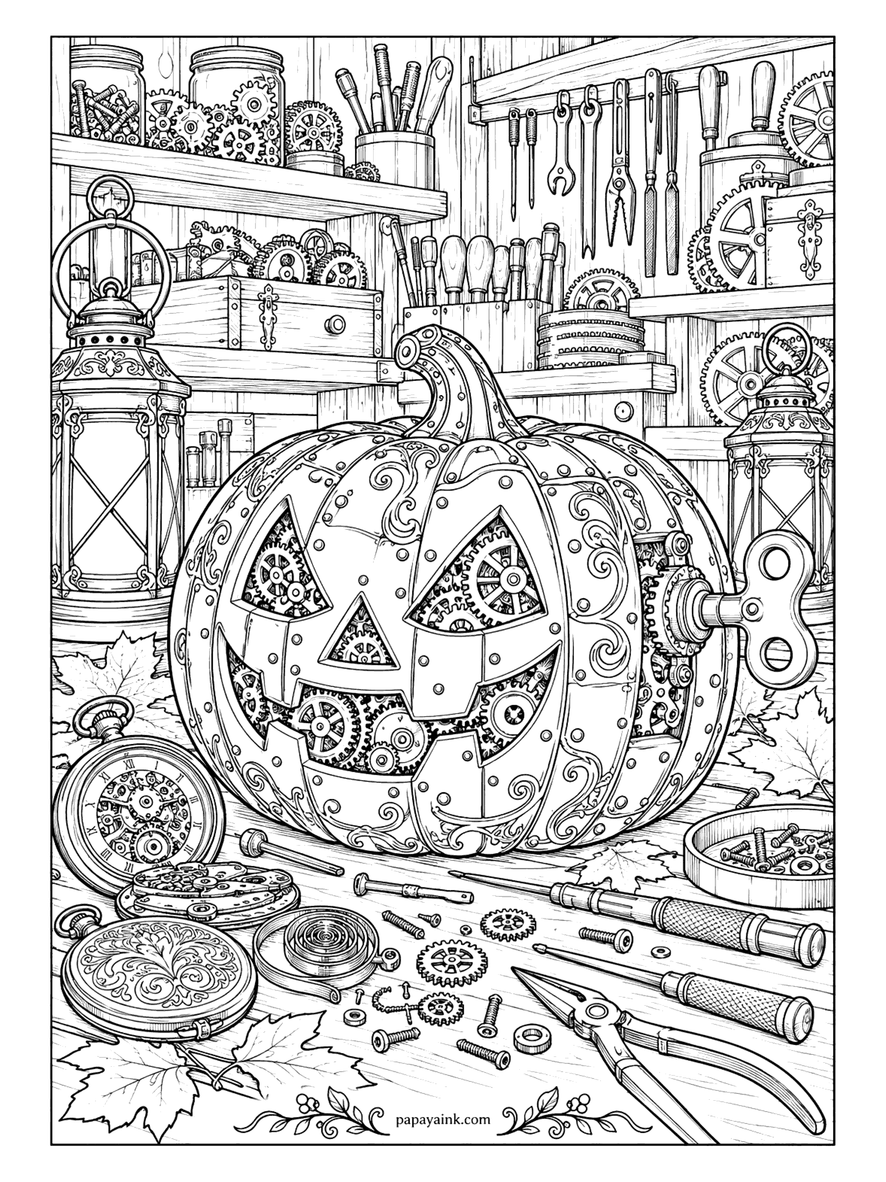 Halloween Coloring Pages for Adults - Wind it up and it grins. The clockwork pumpkin sits on the bench with a key in its side, gears showing through the face, pocket watches opened for parts and tool racks behind. Brass, copper and gunmetal; nothing else needed.