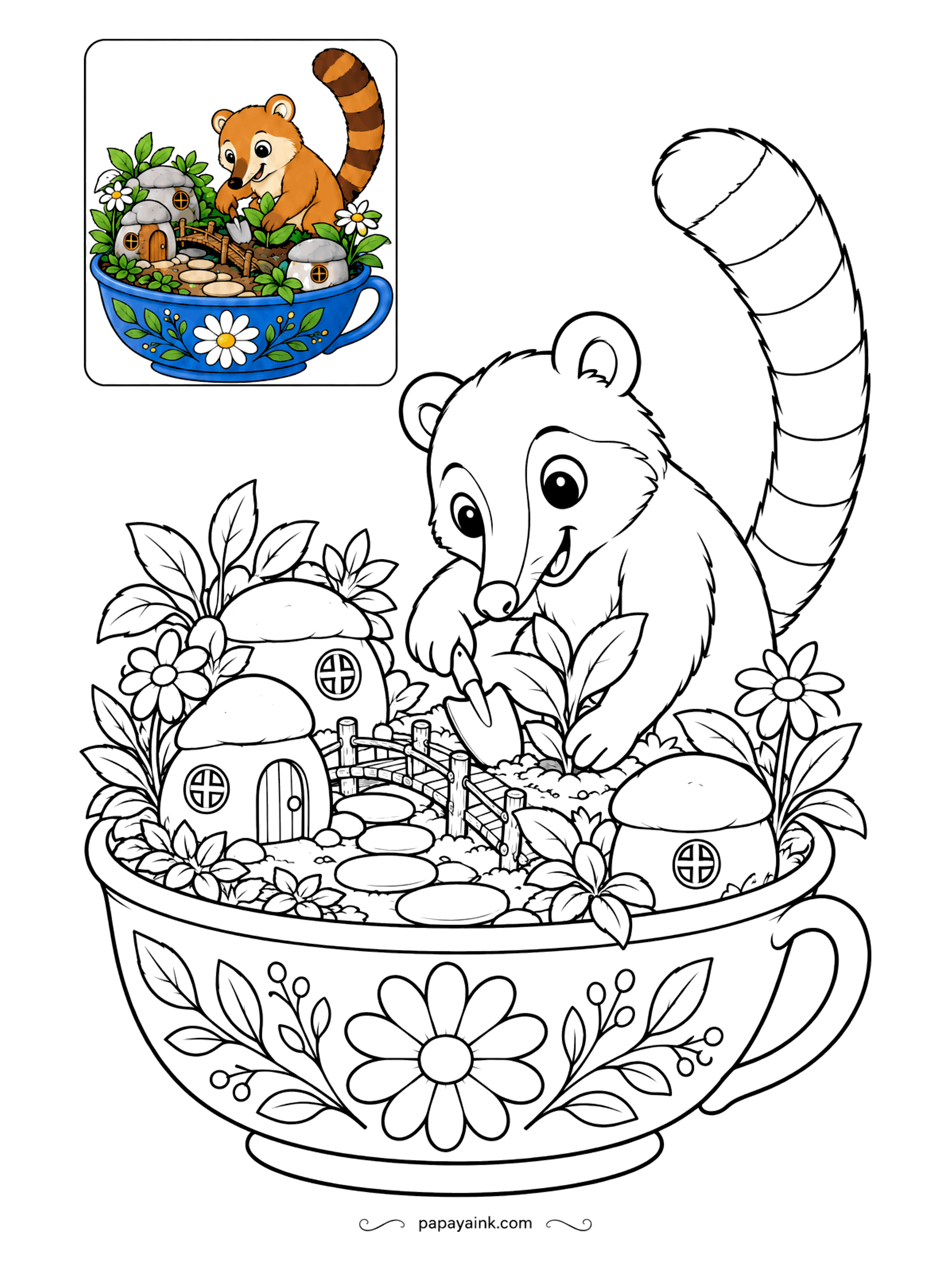 Color Guide Coloring Pages - A whole fairy garden fits in this teacup - toadstool cottages, a tiny bridge and a pebble path - and the coati is planting the last sprout with a trowel. Detailed - the cup's painted flowers repeat all the way around.