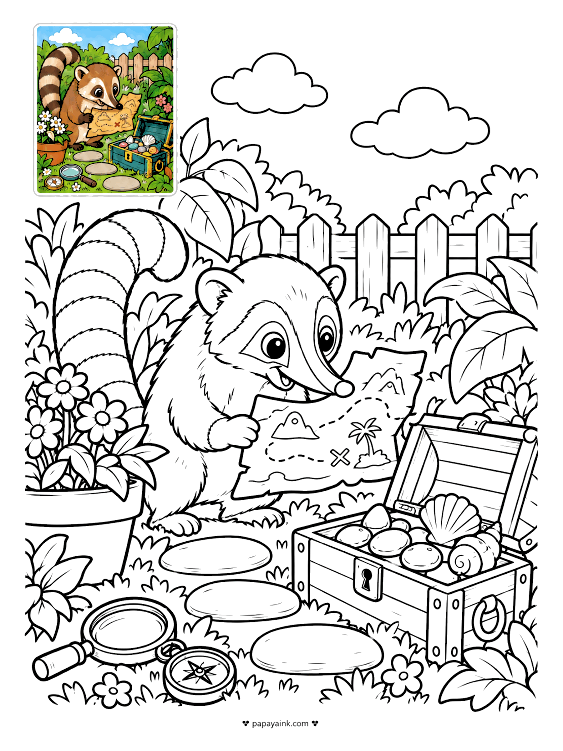 Color Guide Coloring Pages - X marks the spot, and the coati is holding the map that proves it, ringed tail held straight up the way coatis carry it. A treasure chest, compass and magnifying glass wait at its feet. Detailed - flowers crowd every corner.