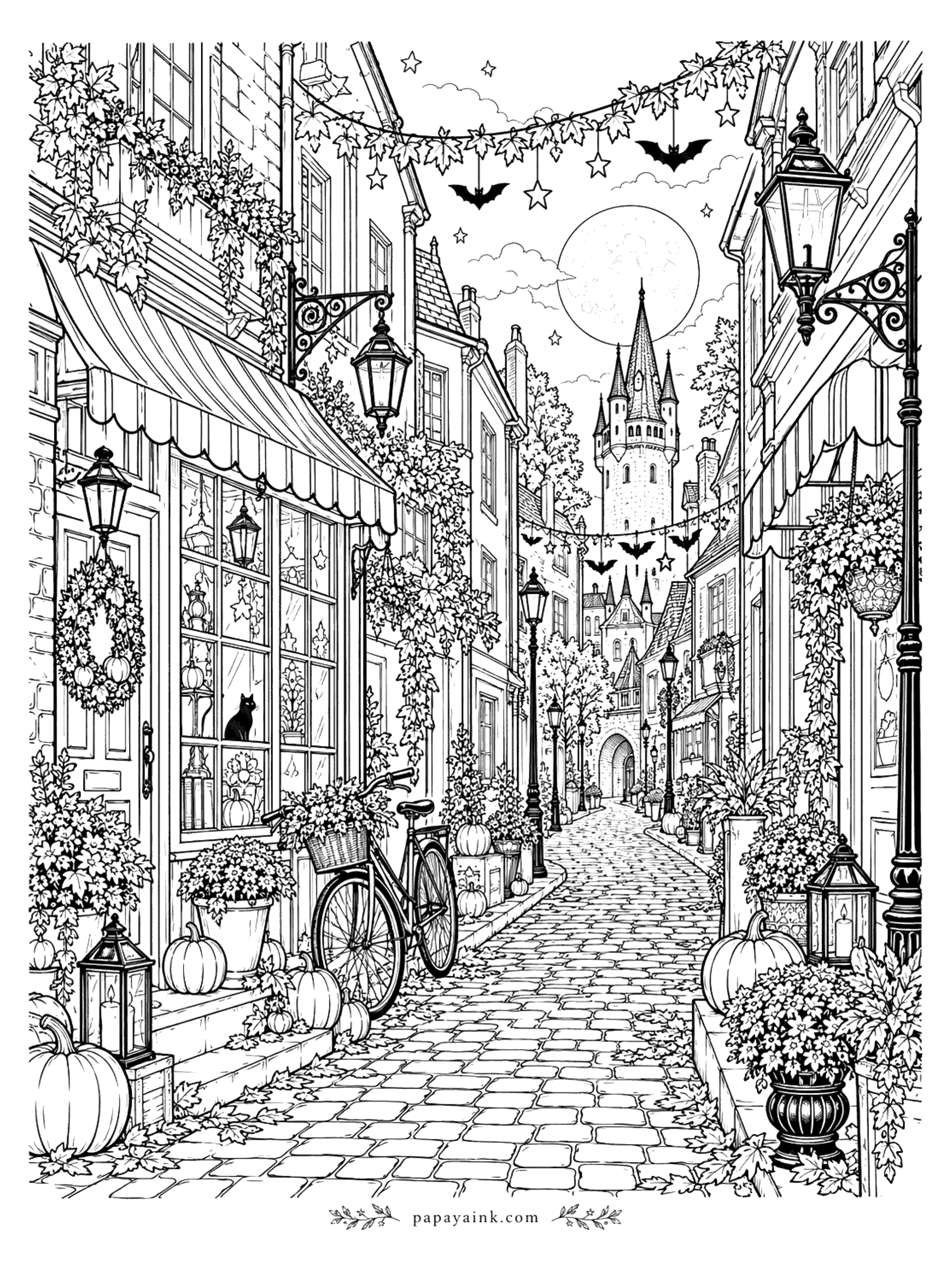 Halloween Coloring Pages for Adults - Cobblestone village street on Halloween night with a bicycle, striped awnings, lanterns, pumpkins, garlands of bats and stars, and a castle tower under the moon (Detailed)