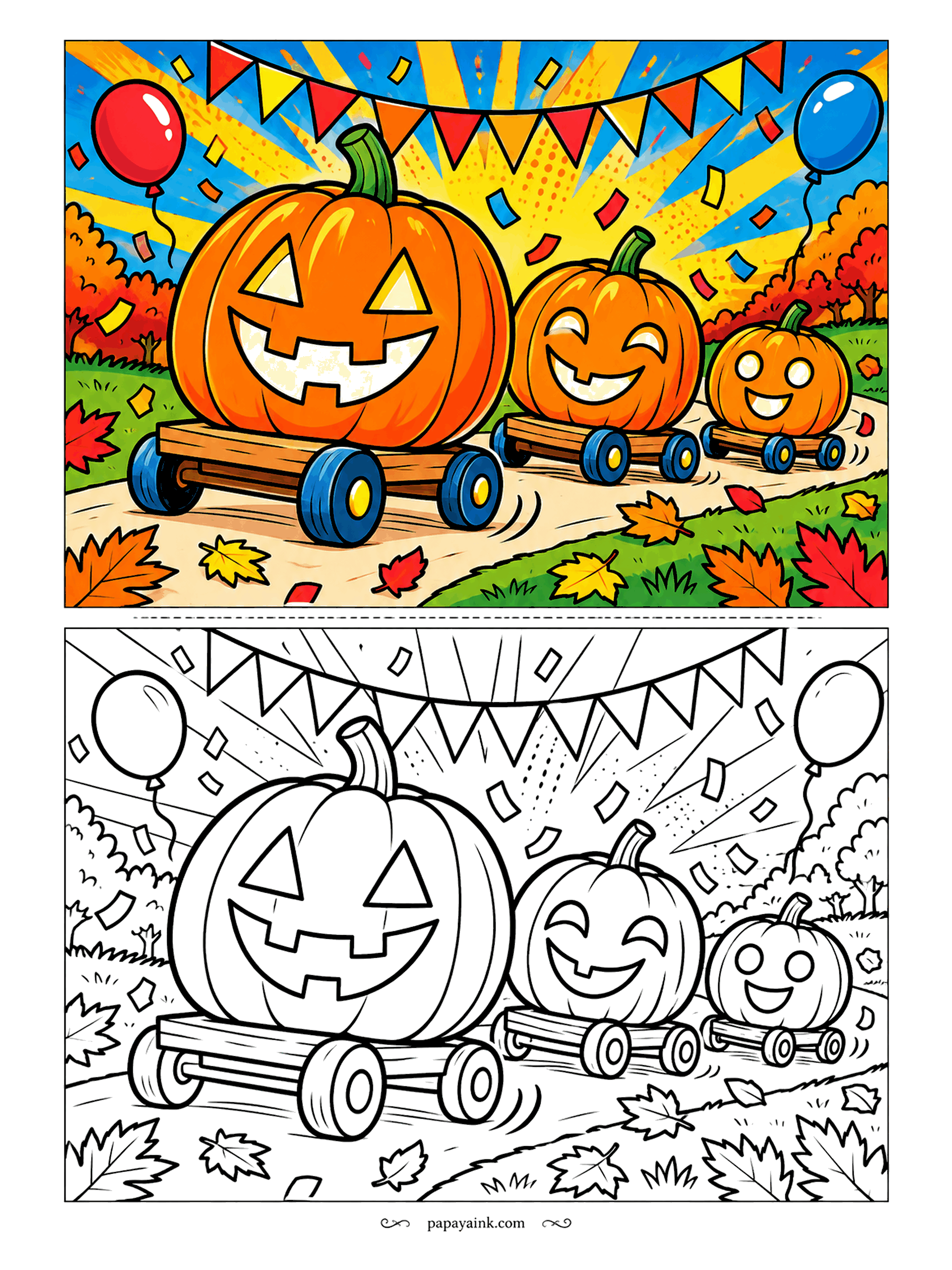 Pumpkin Coloring Pages - And they're off! Three jack-o'-lanterns race on wooden carts down a leafy lane, balloons and confetti flying under a burst of sun rays. Bold comic outlines - markers make it pop.