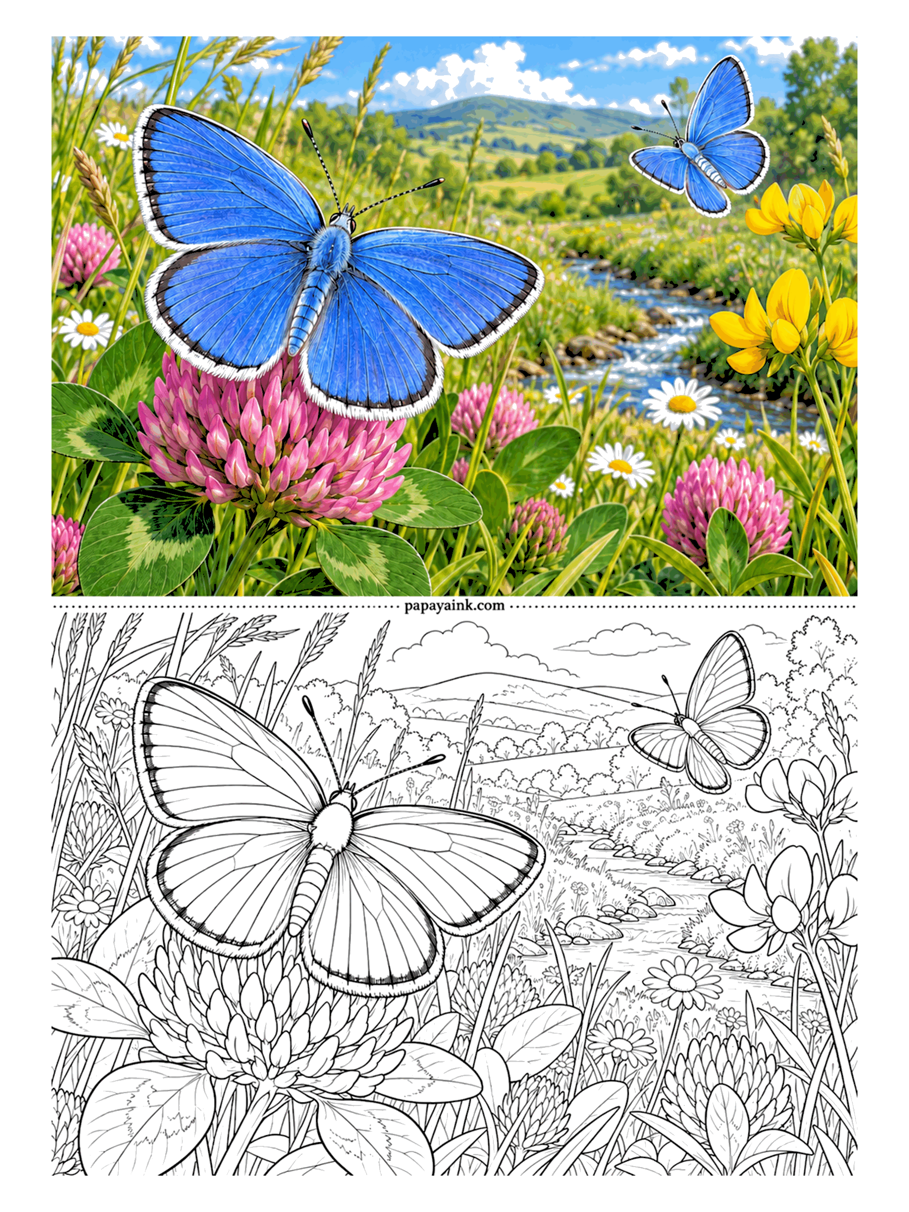 Butterfly Coloring Pages - A small butterfly in a wide landscape: a common blue on a head of red clover, a second one over the chalk stream, yellow trefoil at the right. Give the meadow its hundred greens and keep the wings a single clean sky blue.